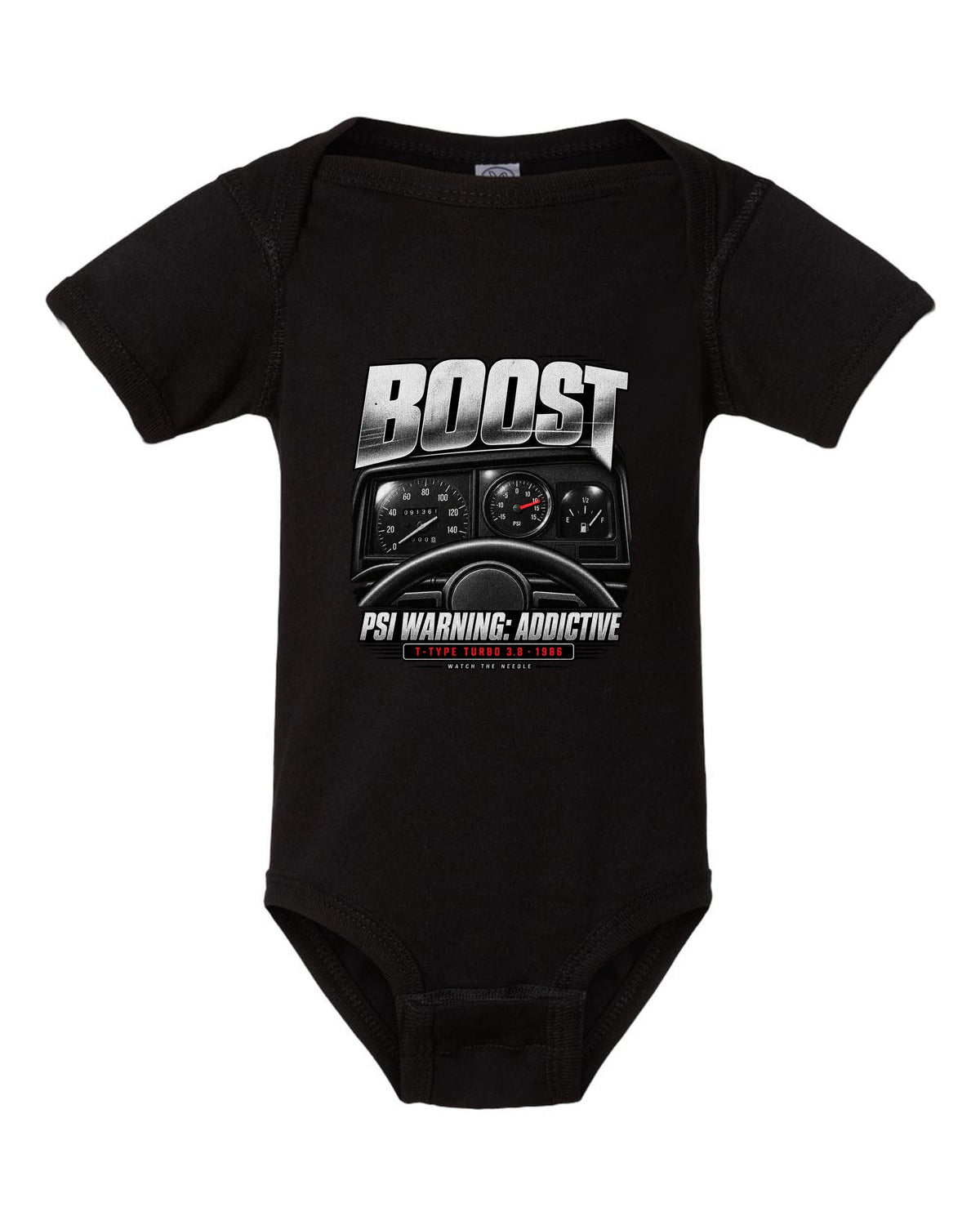 1986 Buick Grand National boost gauge cockpit print with T-Type turbo text black baby onesie front view with the design