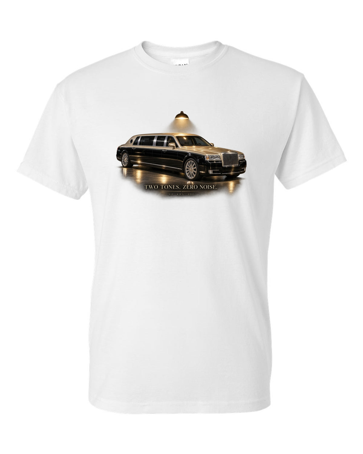 Garage night print of a Maybach 57 S W240 with Two Tones Zero Noise lettering white t-shirt front view with the design