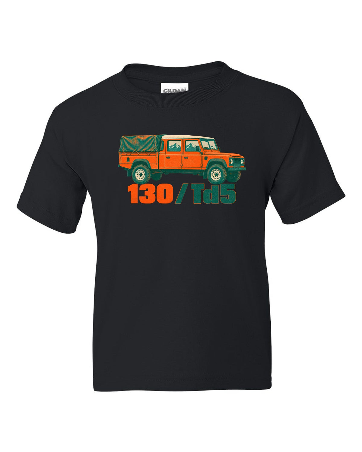 Risograph two-colour print of a Land Rover Defender 130 crew cab with 130 Td5 text black kids tee front view with the design