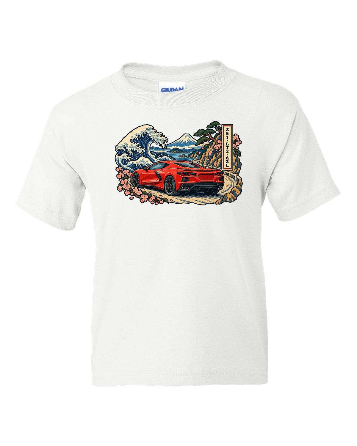 Ukiyo-e woodblock style print of a 2020 C8 Corvette Stingray on a mountain pass white kids tee front view with the design