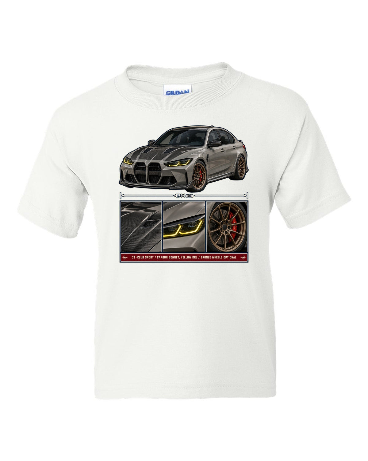 BMW M3 CS G80 dossier panels print design white kids tee front view with the design