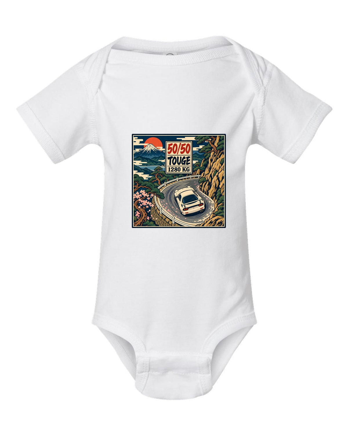Lo-fi anime harbour dusk scene with a Mazda RX-7 FD3S and SA22C and HIROSHIMA lettering white baby onesie front view with the design