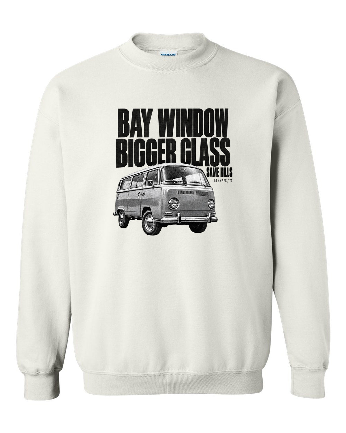 Halftone print of a VW T2 Bay Window bus front three-quarter with bigger glass same hills text white crewneck front view with the design