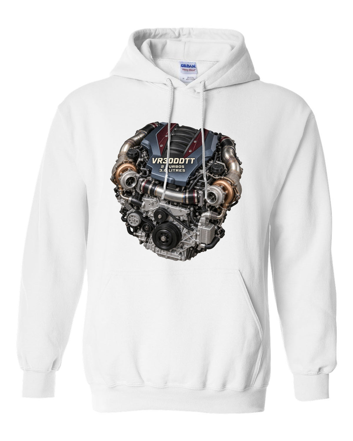 Hero image of a Nissan VR30DDTT twin-turbo V6 engine from the RZ34 Z white pull over hoodie front view with the design