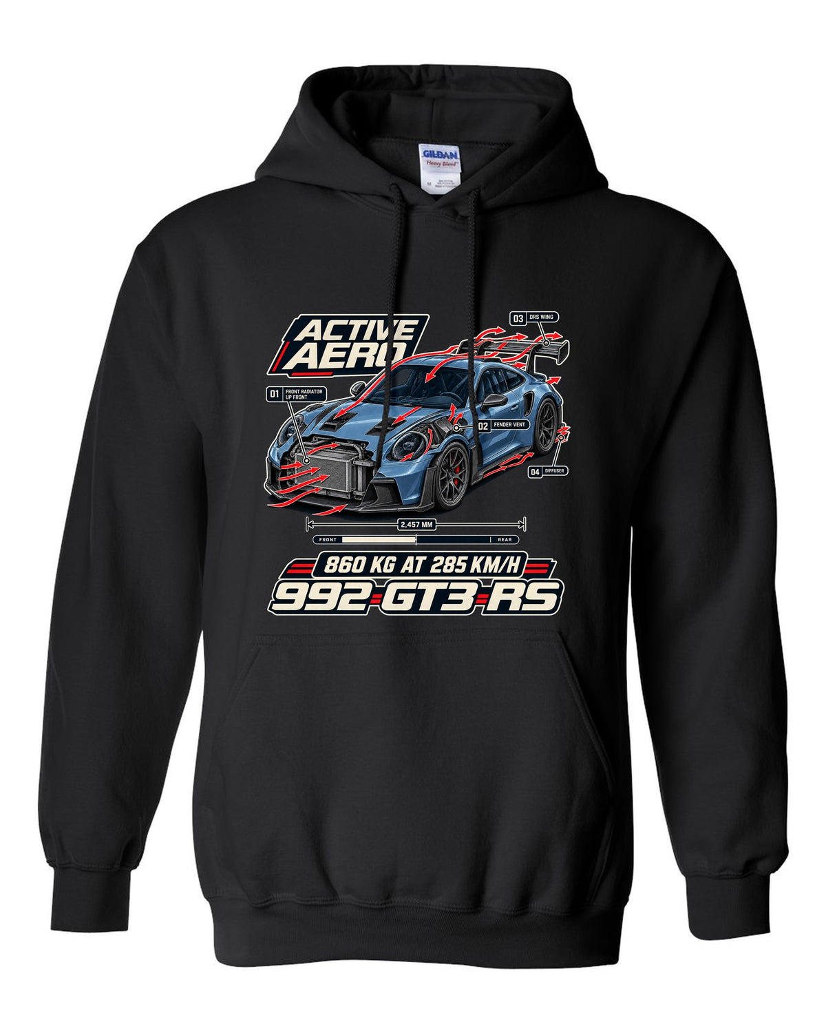 Porsche 992 GT3 RS aero and cutaway callouts print design black pull over hoodie front view with the design