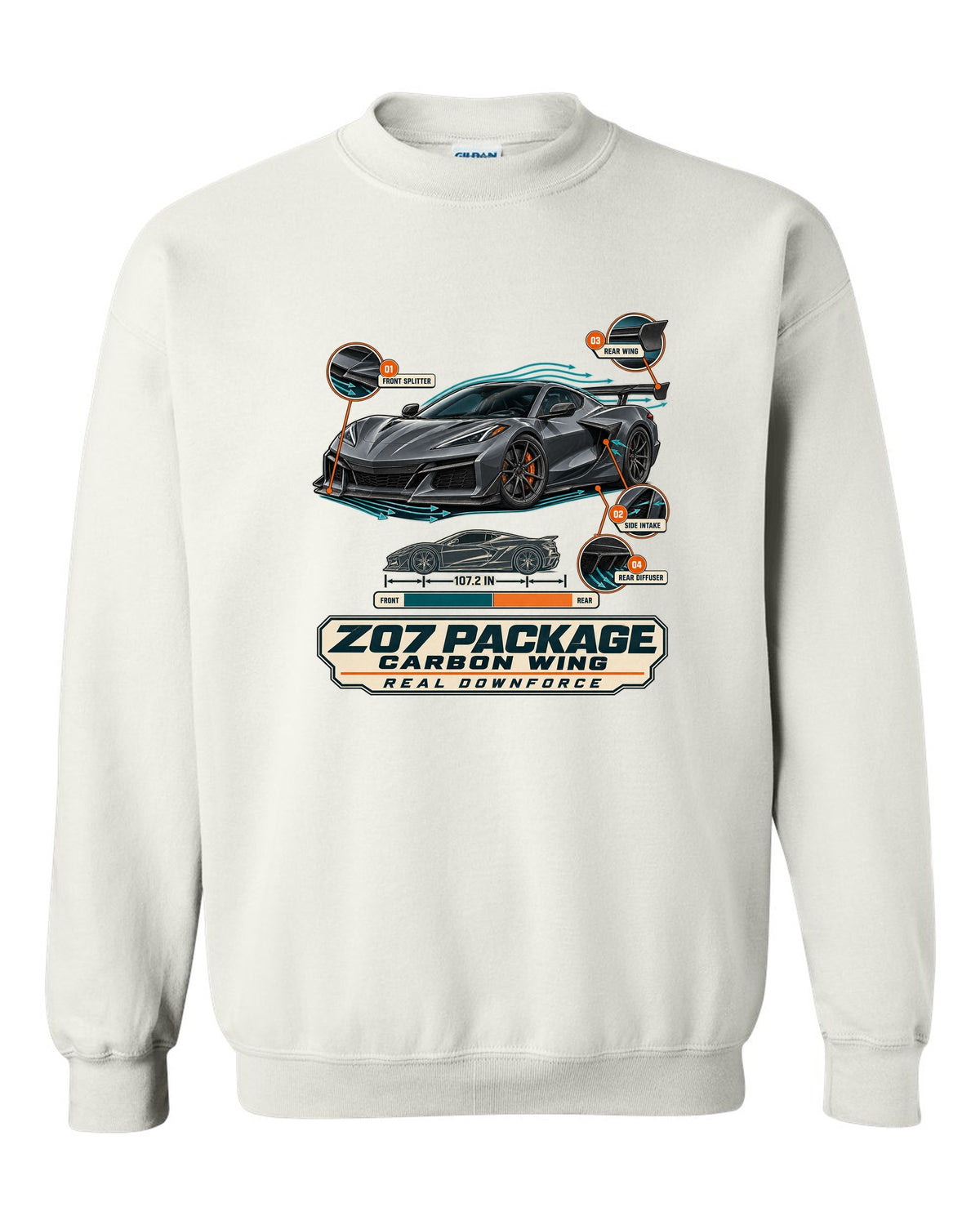 Aero callouts print of a Chevrolet Corvette C8 Z06 with Z07 package and carbon wing white crewneck front view with the design