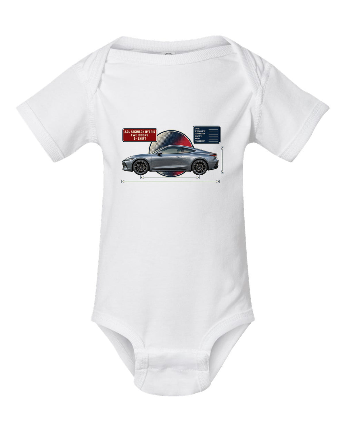 Honda Prelude 2026 sixth-gen dimension blueprint print white baby onesie front view with the design