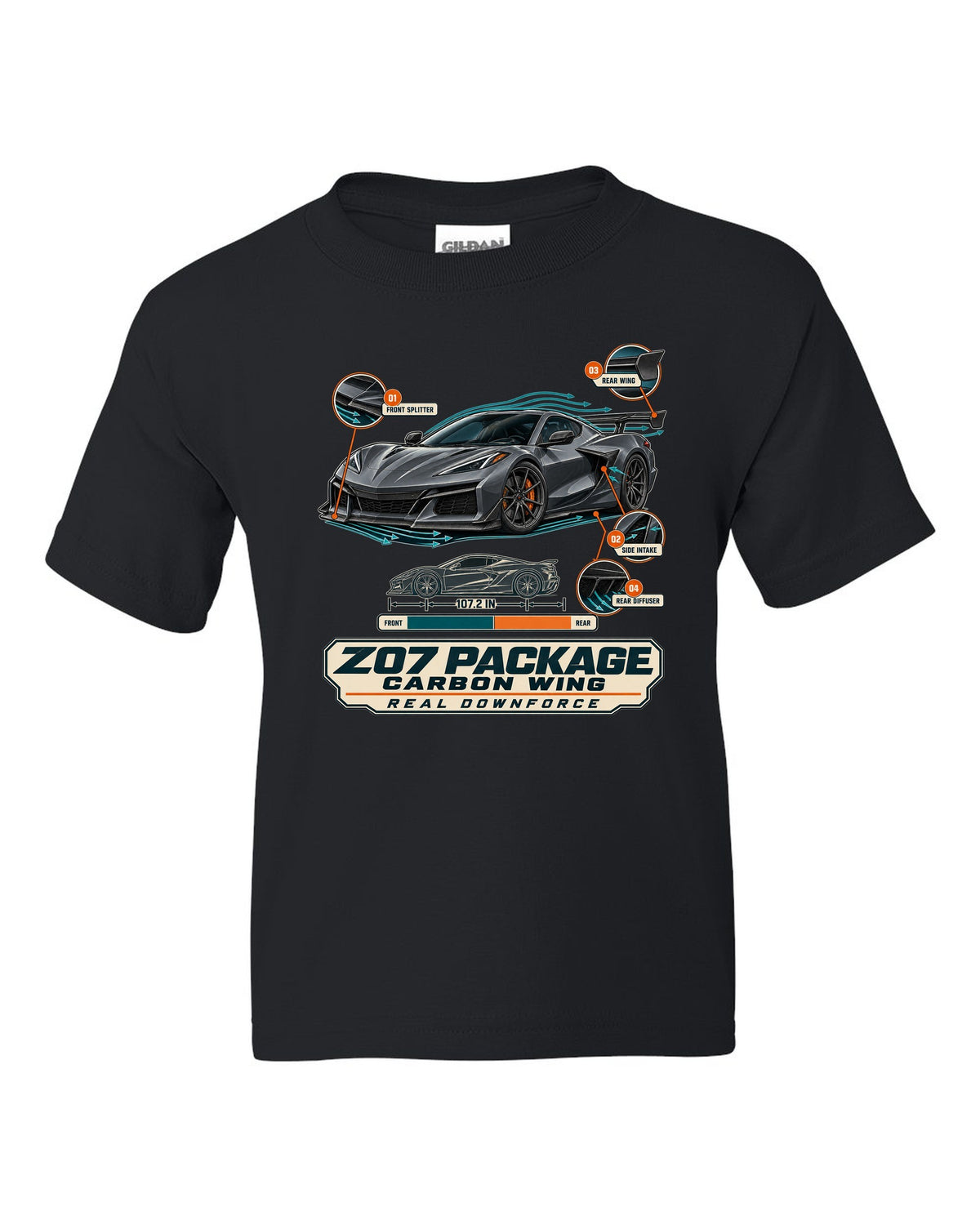 Aero callouts print of a Chevrolet Corvette C8 Z06 with Z07 package and carbon wing black kids tee front view with the design