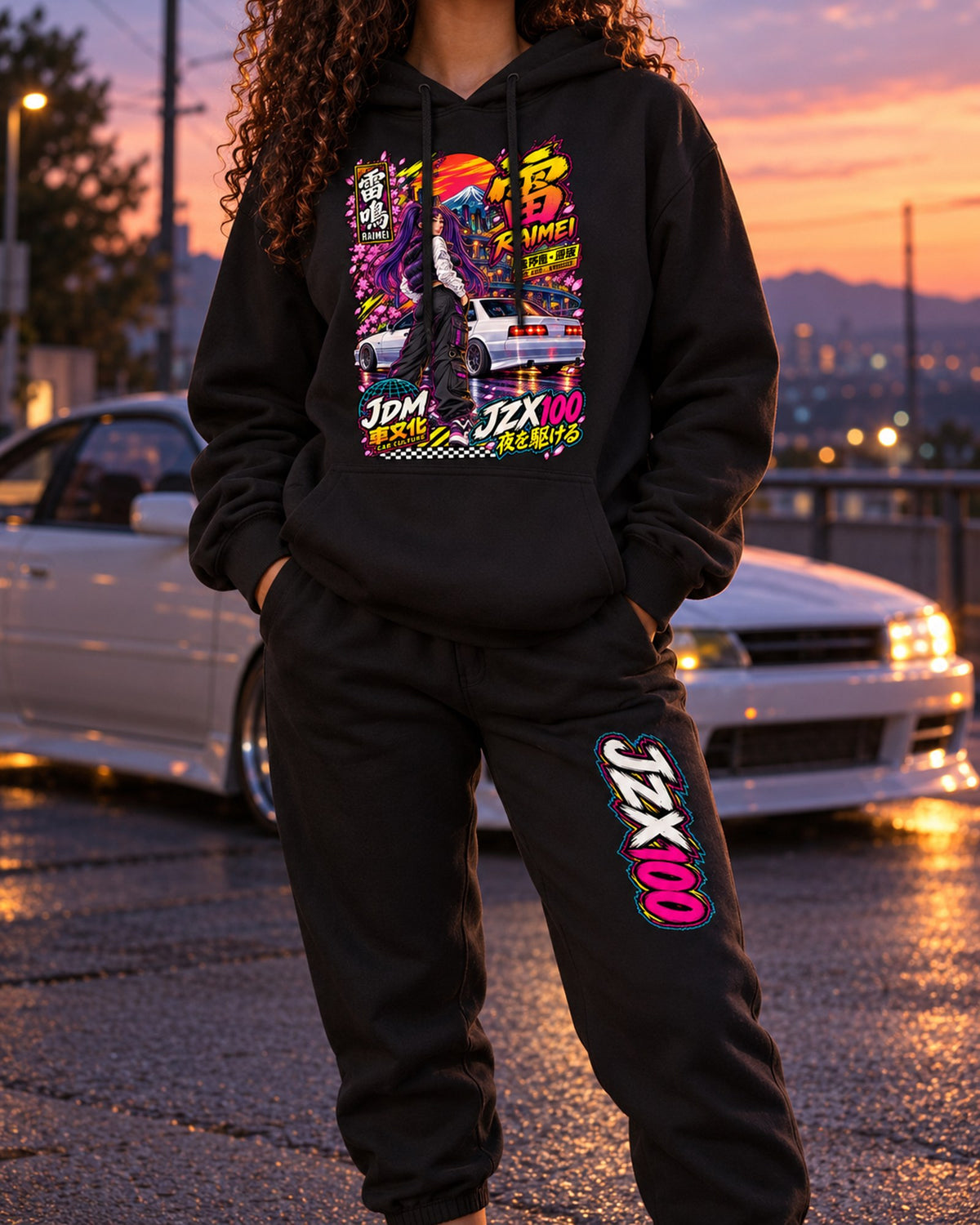 JZX100 Raimei Anime Girl Poster Hoodie + Jogger Set Black worn hero