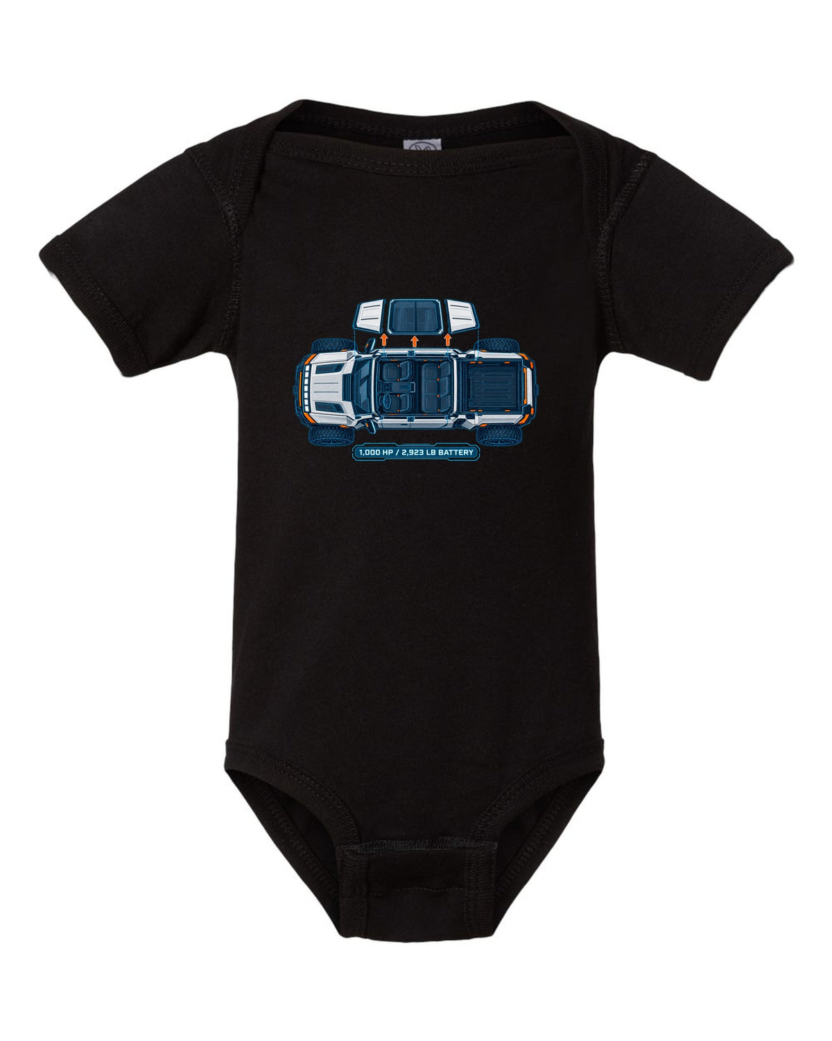 GMC Hummer EV roof panels shown as a white and cyan blueprint with 1,000 HP and battery weight black baby onesie front view with the design