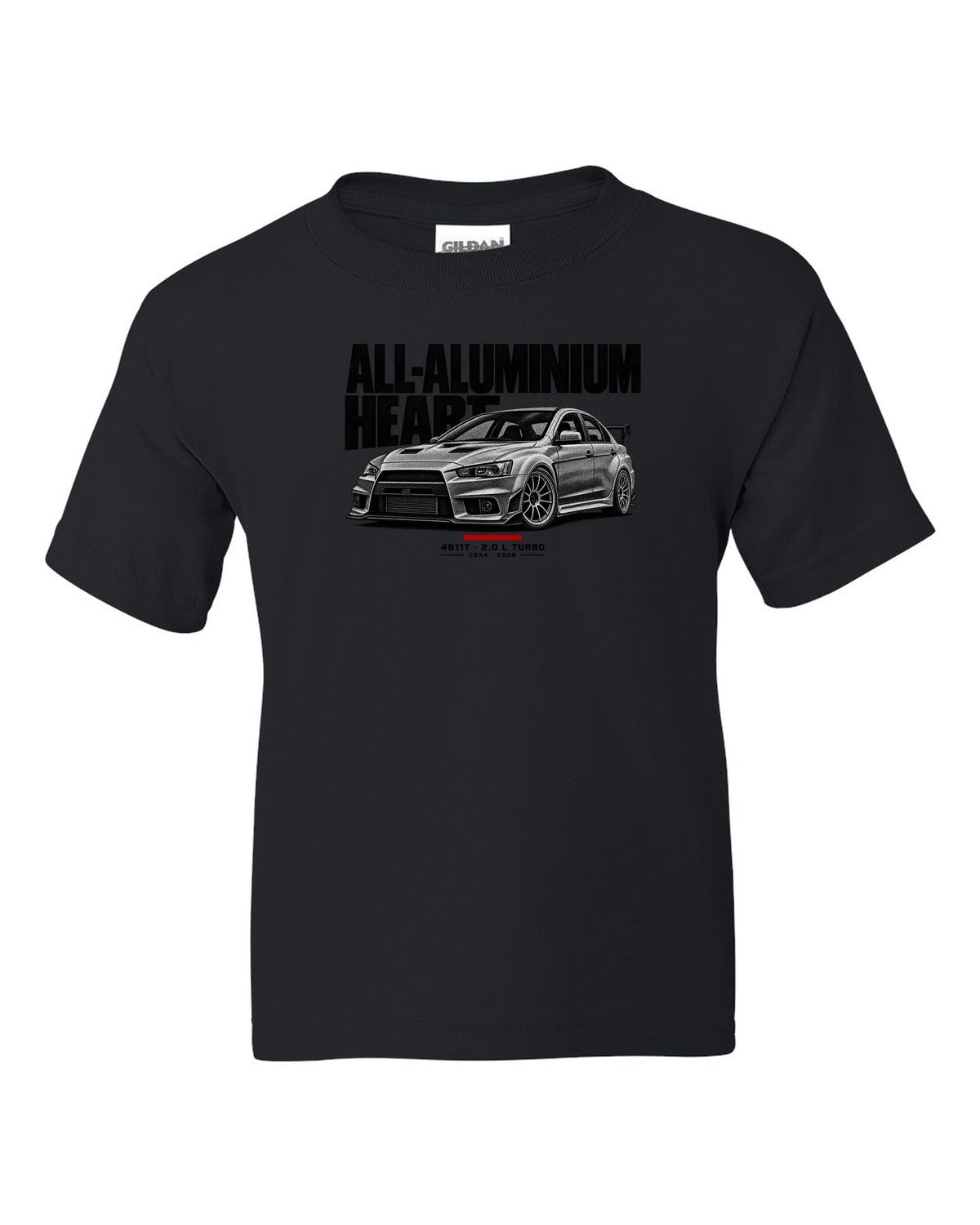 Halftone Mitsubishi Lancer Evolution X CZ4A with all-aluminium 4B11T text black kids tee front view with the design