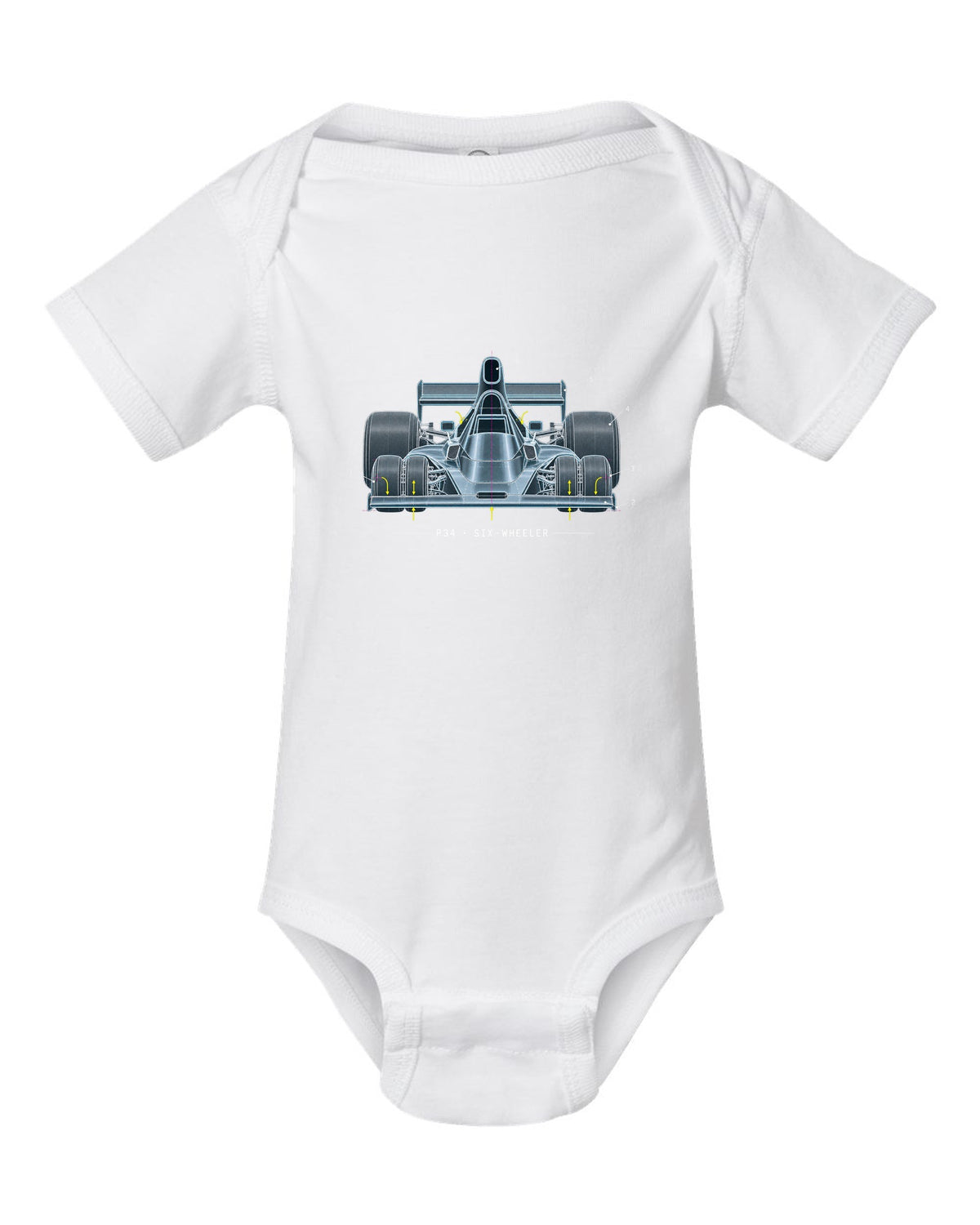 Blueprint patent-style drawing of the Tyrrell P34 six-wheeler white baby onesie front view with the design