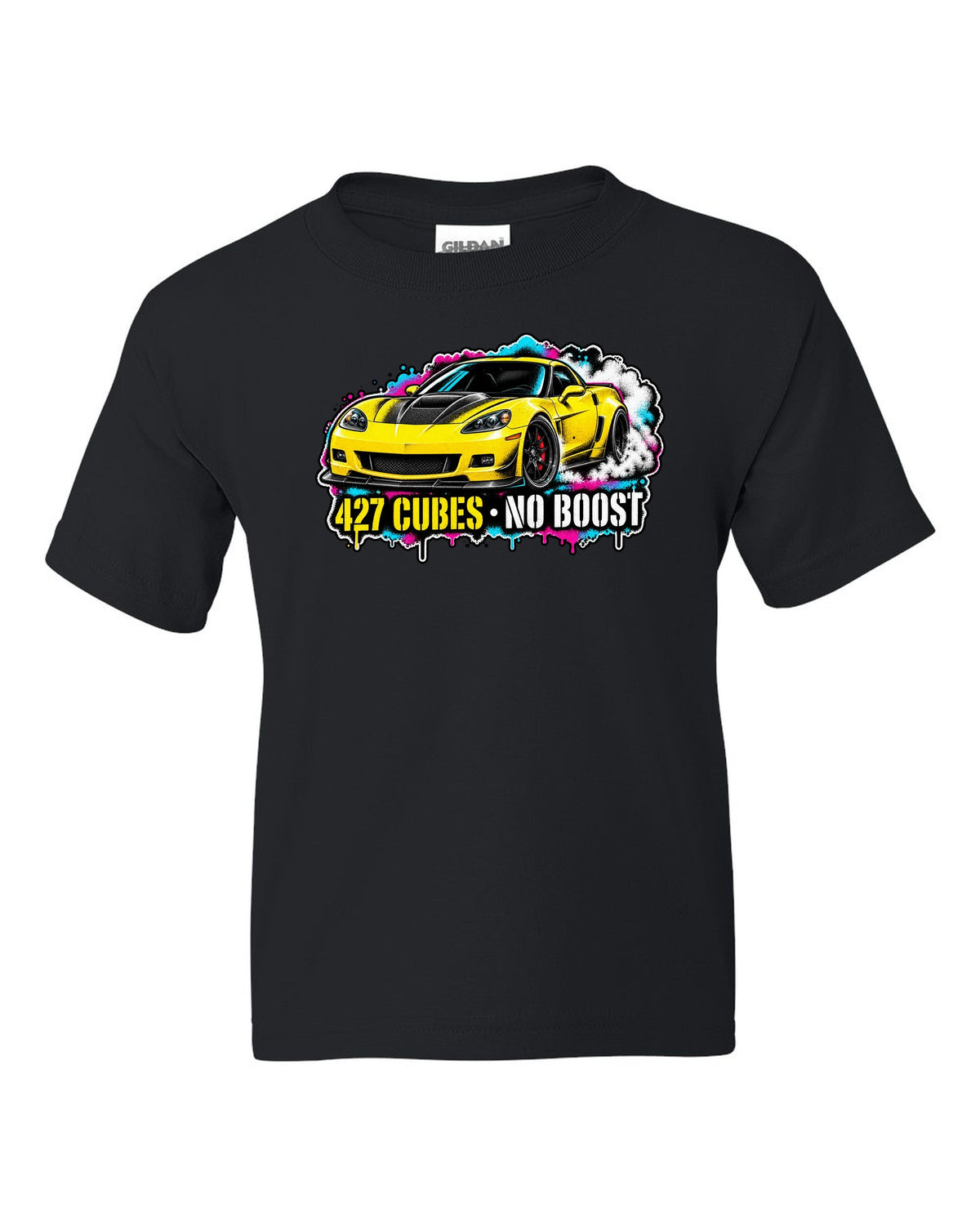 Stencil spray street art print of a 2006 Chevrolet Corvette C6 Z06 with 427 cubes no boost lettering black kids tee front view with the design