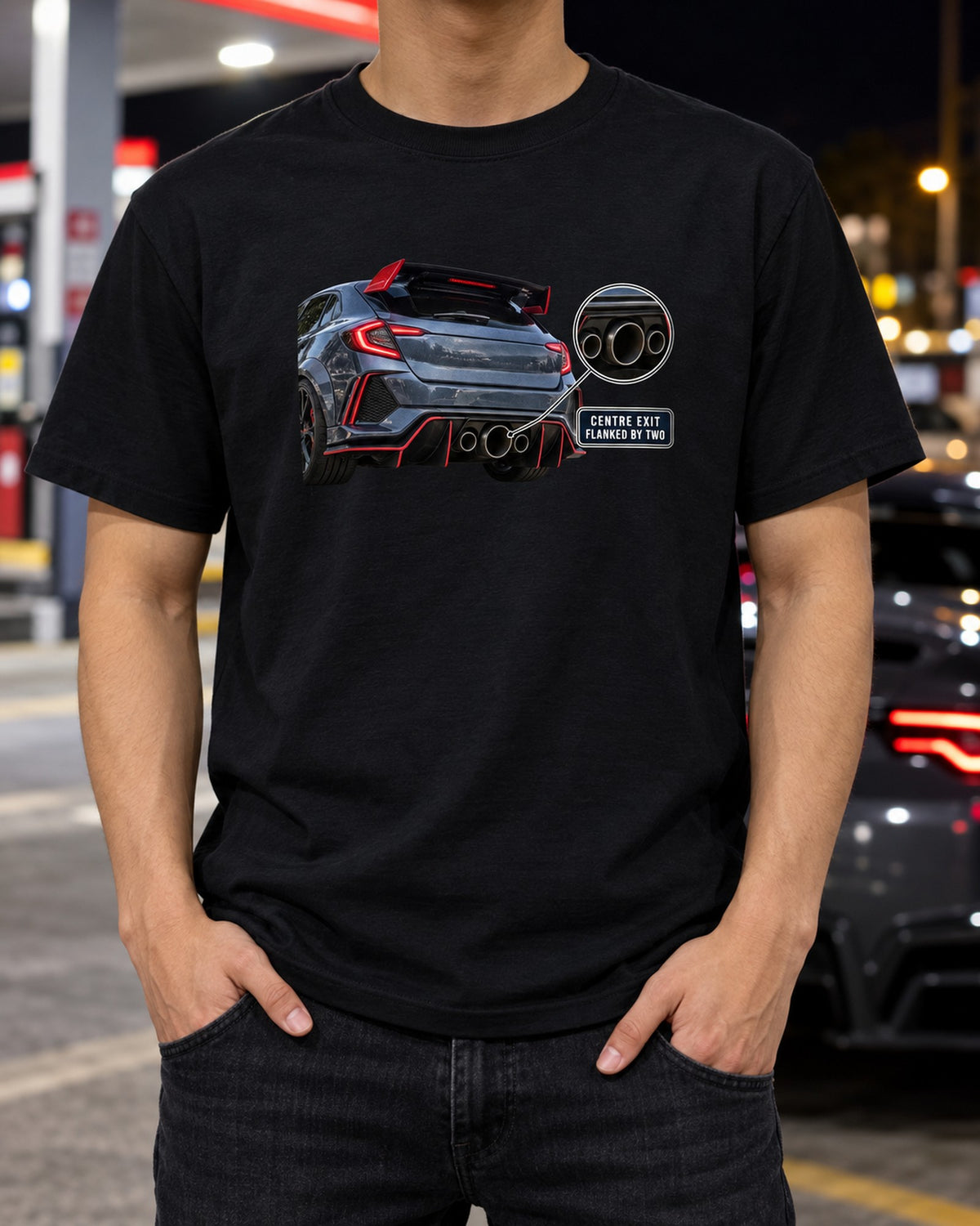 Civic Type R FK8 Triple Exhaust Tail Close-Up Shirt T-Shirt Black worn hero