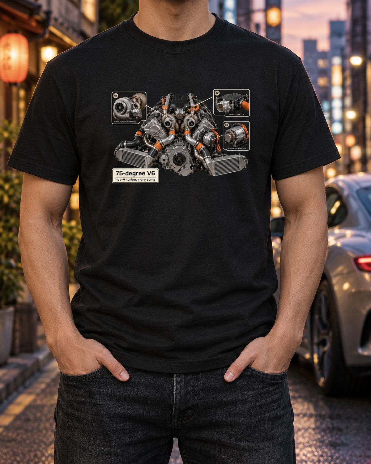 Acura NSX NC1 Engine Hero Tee, 75-Degree V6 Hot-V Turbos T-Shirt Black worn hero