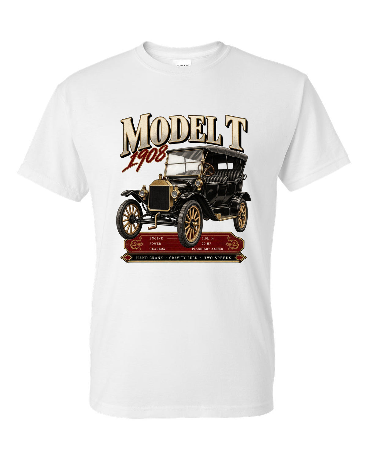 Archive panel print of a Ford Model T touring car with engine specs white t-shirt front view with the design