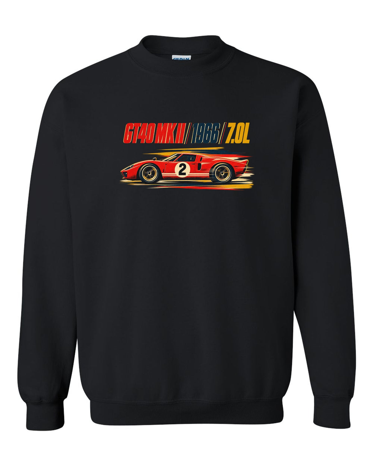 Vintage litho race poster of a 1966 Ford GT40 Mk II with 7.0L lettering black crewneck front view with the design