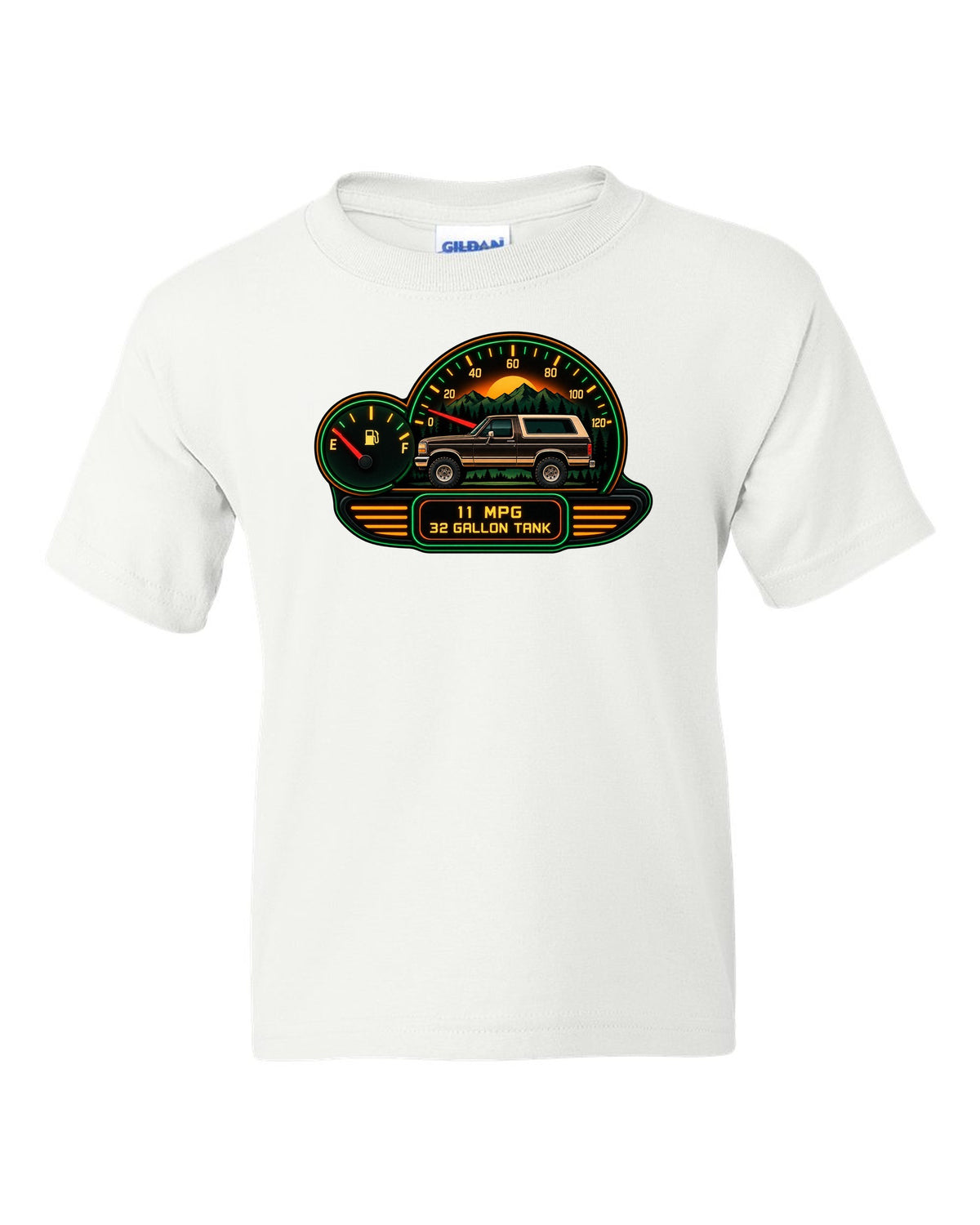 Gauge-cluster HUD style art of a 1987-91 Ford Bronco Brick-Nose dash with 11 MPG 32 GALLON TANK readouts white kids tee front view with the design