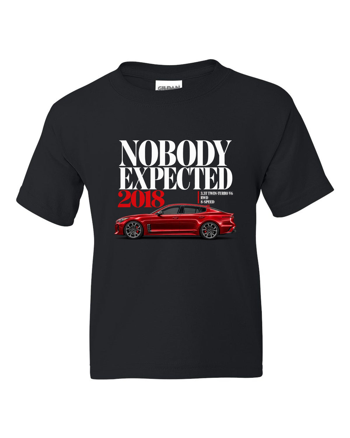 Kia Stinger GT editorial headline print with twin-turbo V6 spec text black kids tee front view with the design