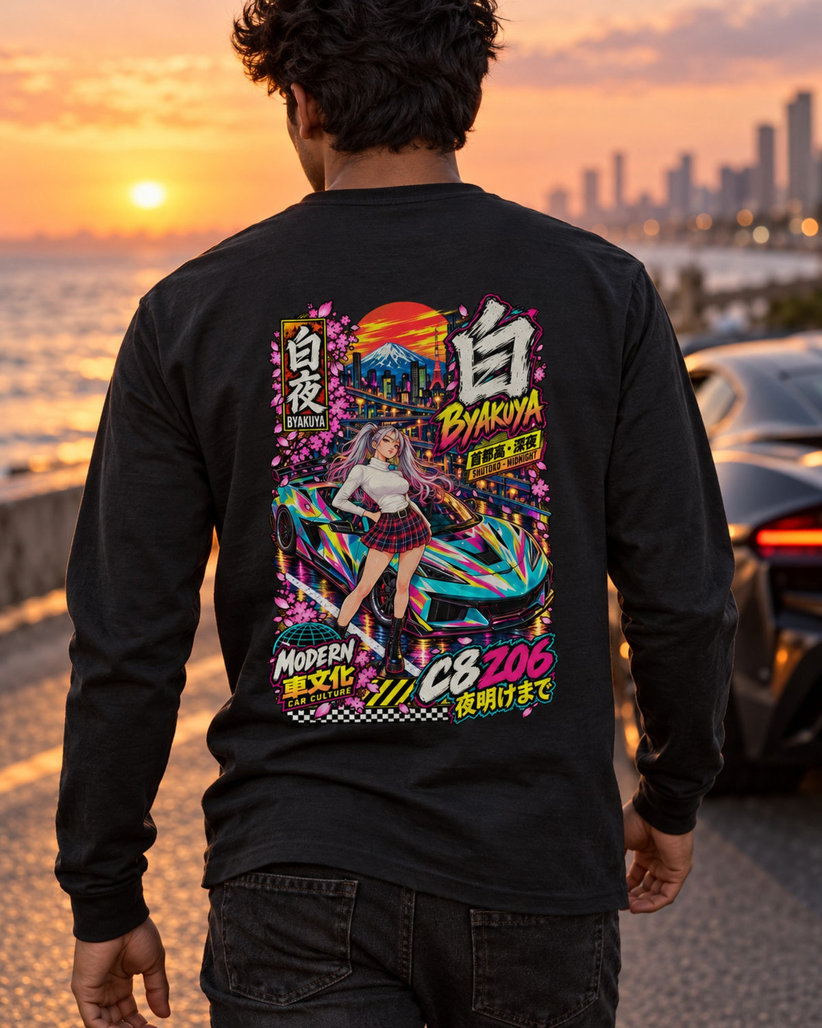 BYAKUYA C8 Z06 Anime Girl Full-Back Graphic Tee Long Sleeve Black worn hero