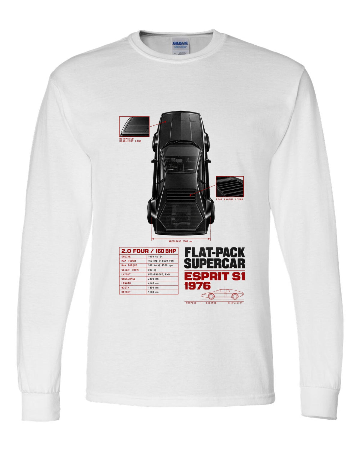 Lotus Esprit S1 top-down spec poster with 2.0 four and 160 bhp white long sleeve front view with the design