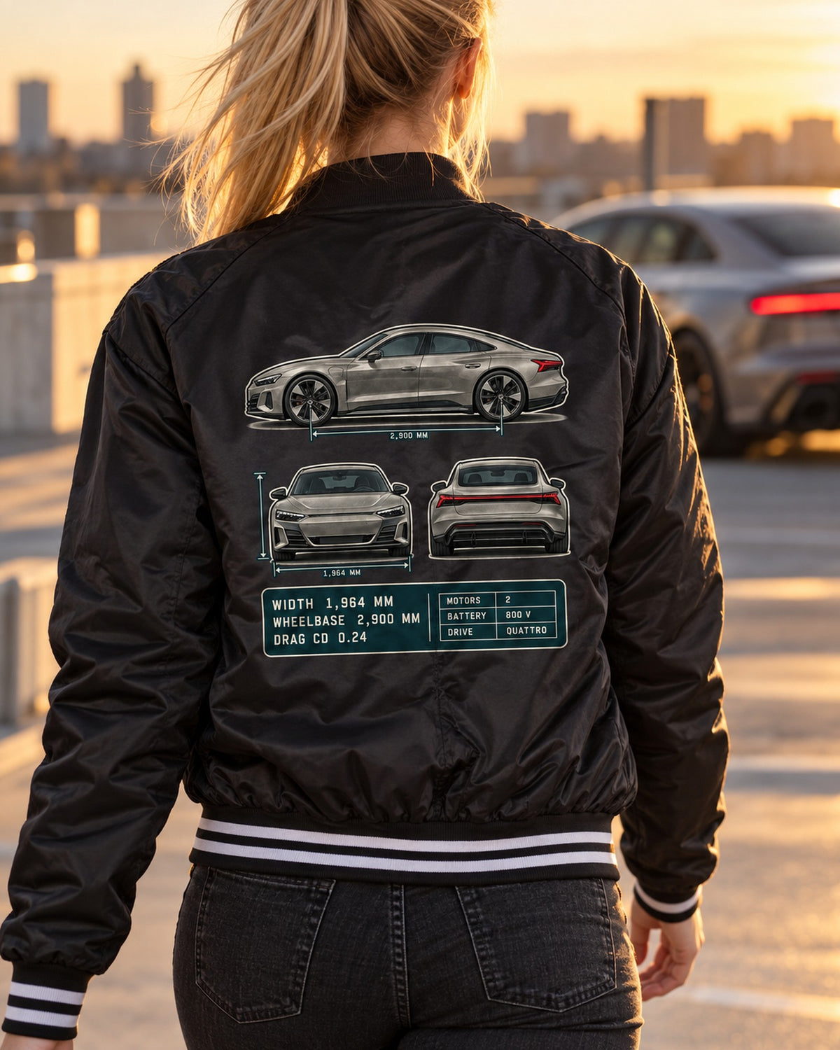 Audi RS e-tron GT Three-View Spec Table Tee, Cd 0.24 Car Shirt Bomber Jacket Black worn hero