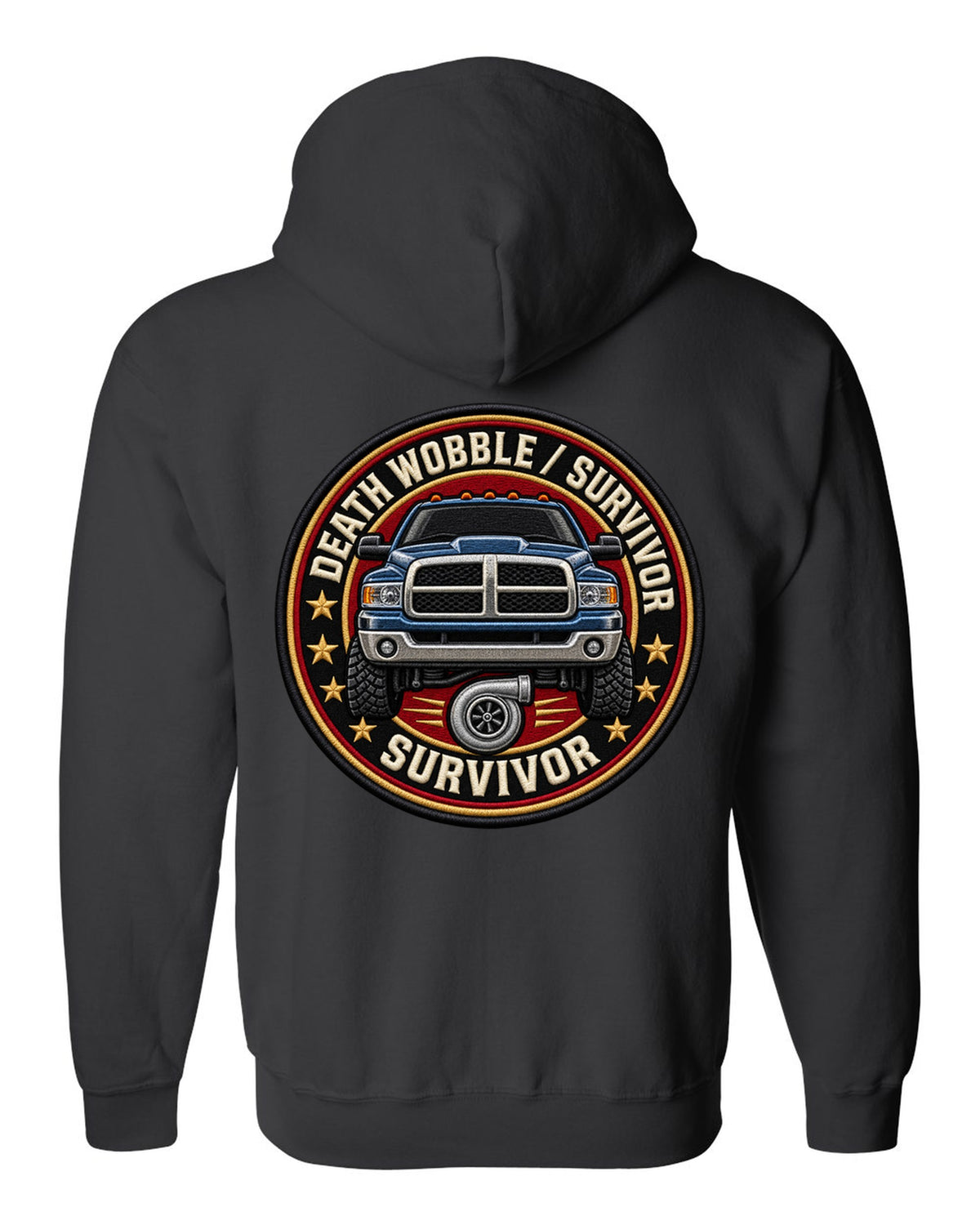 Round varsity crest print for the 2003-2009 Dodge Ram 2500 Cummins reading death wobble survivor black zip hoodie back view with the design