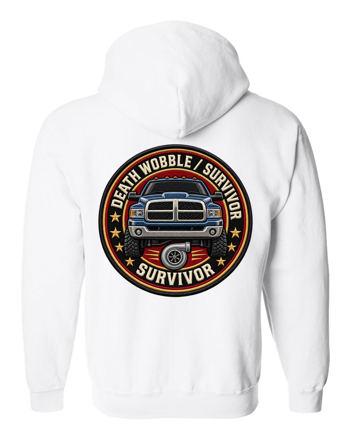 Round varsity crest print for the 2003-2009 Dodge Ram 2500 Cummins reading death wobble survivor white zip hoodie back view with the design