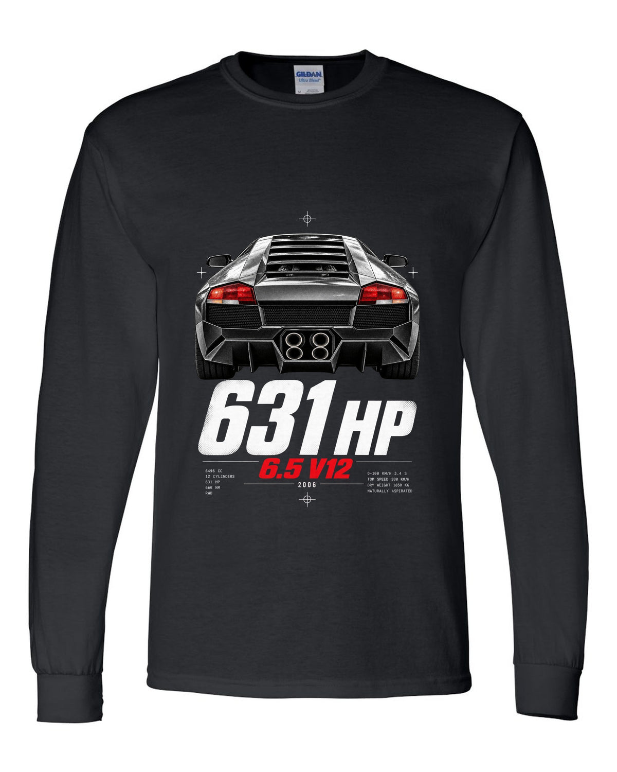Taillight macro print of a Lamborghini Murcielago LP640 with 631 HP and 6.5 V12 text black long sleeve front view with the design
