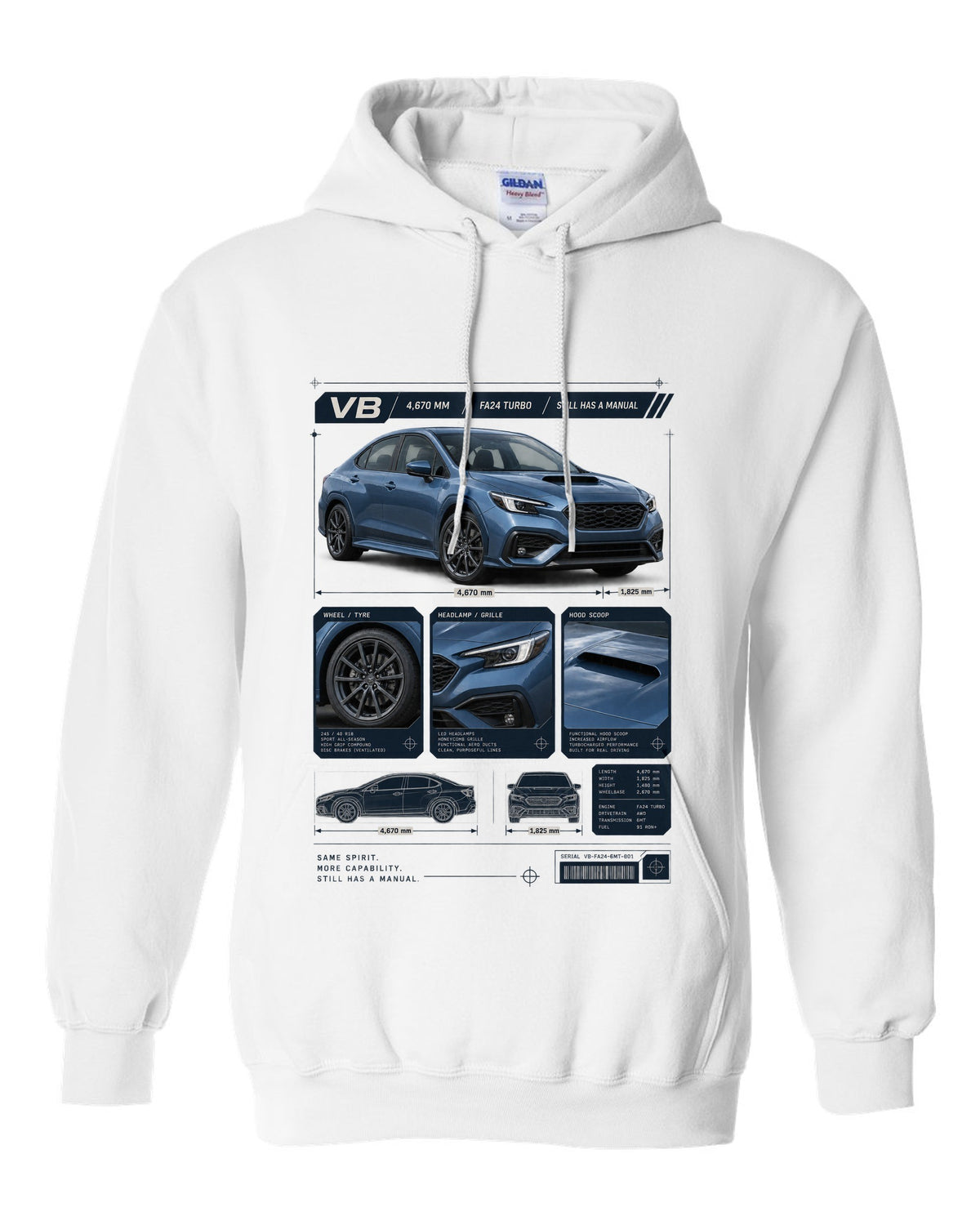 Dossier-style panel layout of a Subaru WRX VB sedan with GT and TR detail panels white pull over hoodie front view with the design
