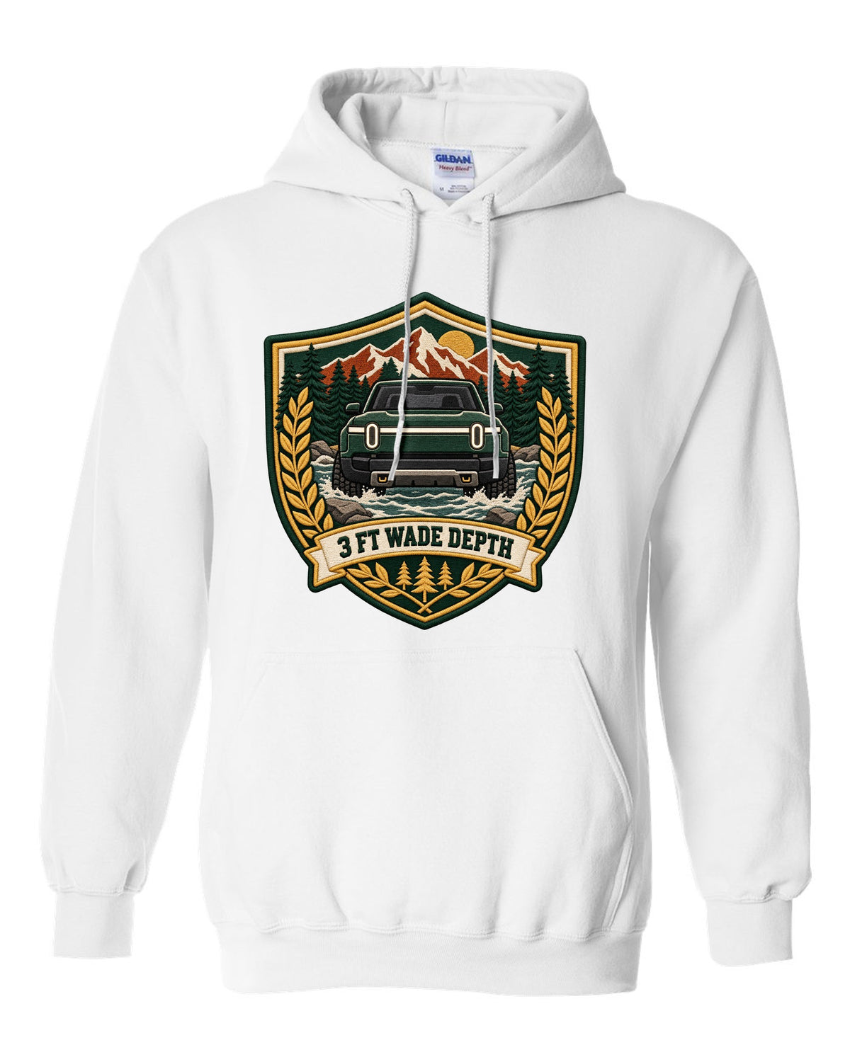 Rivian R1T varsity shield crest print with the text 3 ft wade depth white pull over hoodie front view with the design