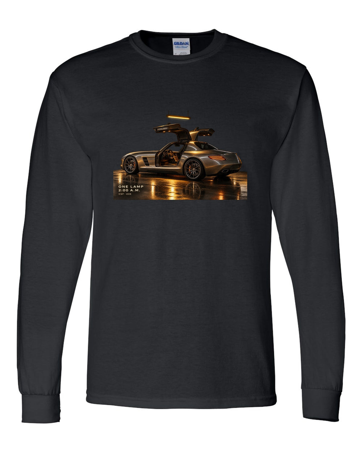 Garage night print of a Mercedes SLS AMG C197 under one lamp with 2:00 A.M. lettering black long sleeve front view with the design