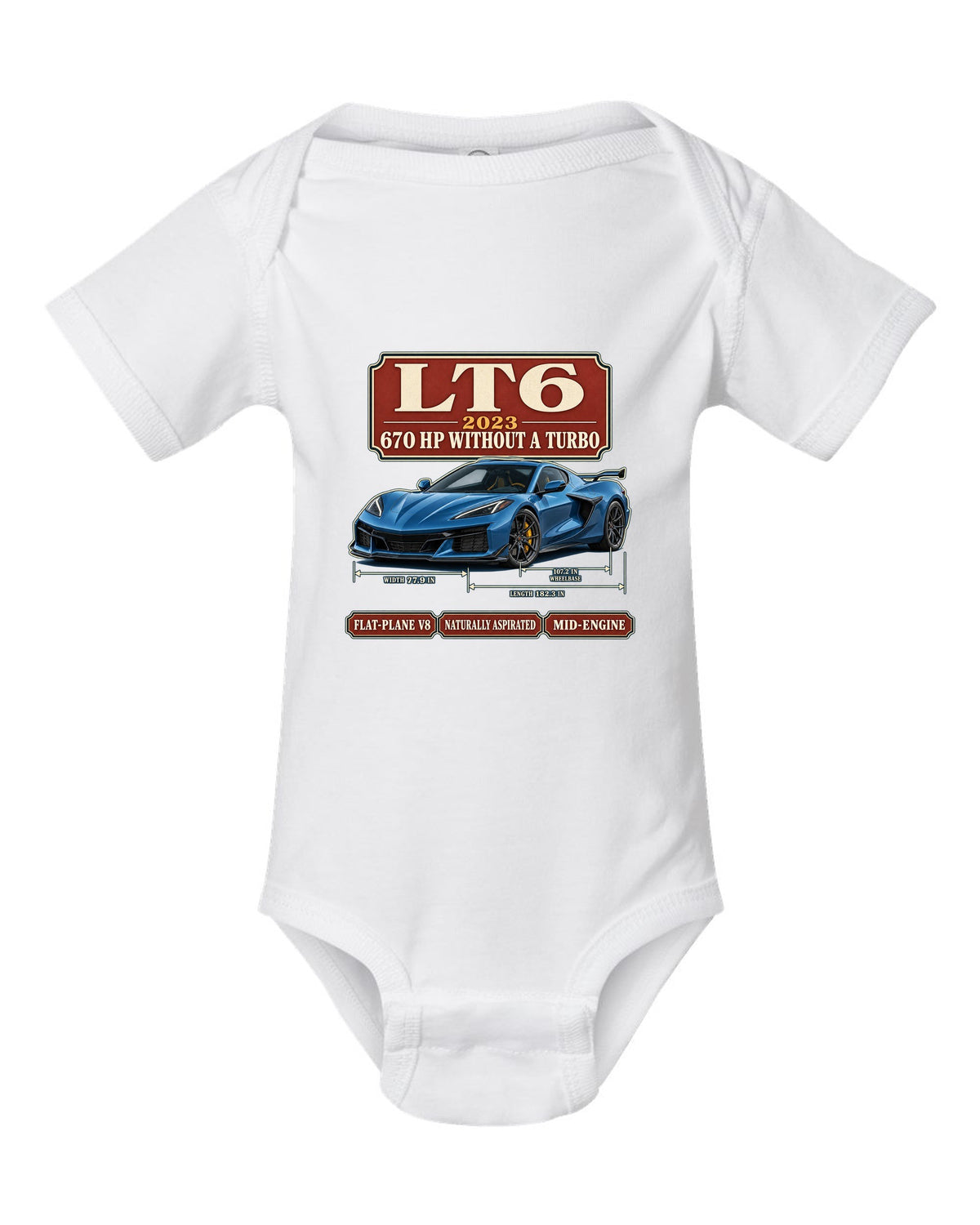 print of a Chevrolet Corvette C8 Z06 in an archive panel layout with LT6 and 670 HP text white baby onesie front view with the design