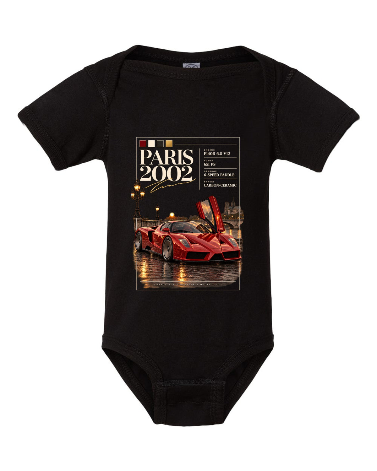 Ferrari Enzo 2002 front three-quarter archive panel print, Paris 2002, F140B V12, 651 PS black baby onesie front view with the design