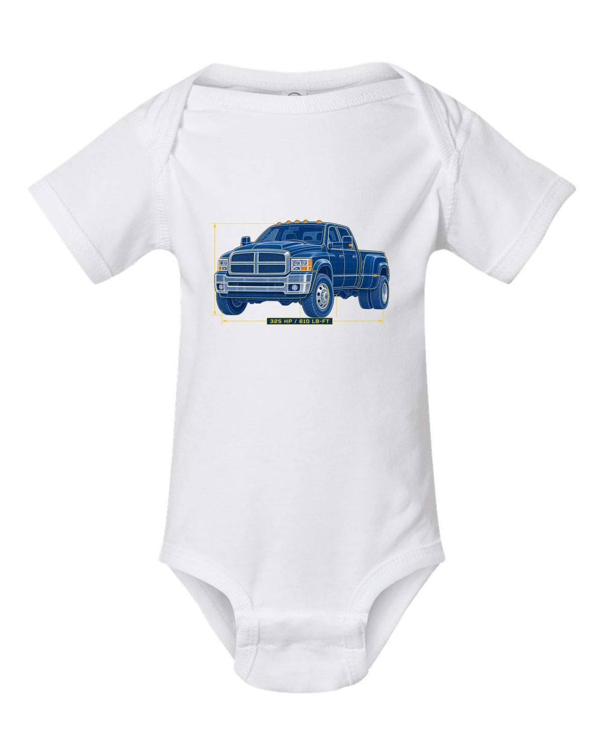 Cyanotype blueprint of a 2003-2009 Dodge Ram 3rd gen 5.9 HO with 325 HP and 610 LB-FT lettering white baby onesie front view with the design
