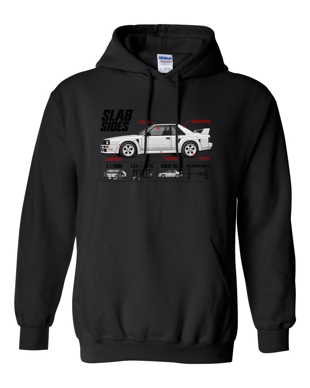Audi Ur-Quattro Type 85 Slab Sides Spec Poster black pull over hoodie front view with the design