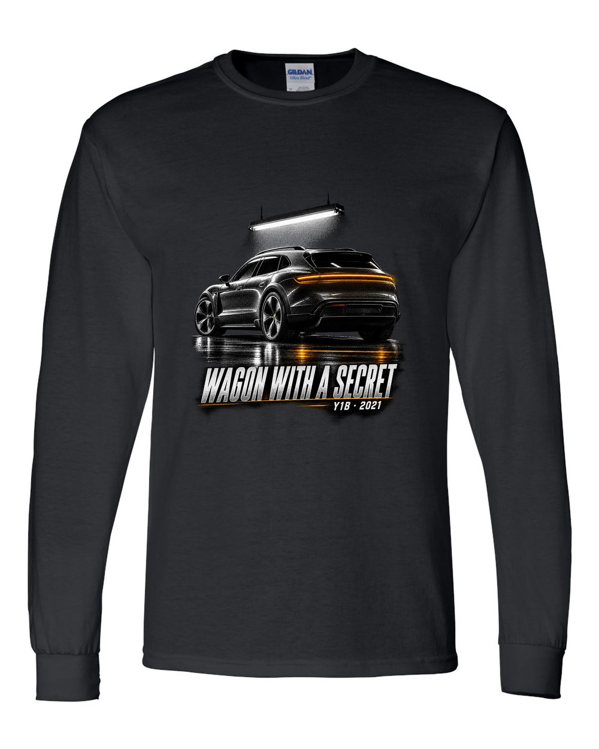 Porsche Taycan Cross Turismo Y1B in a dark garage, print design black long sleeve front view with the design