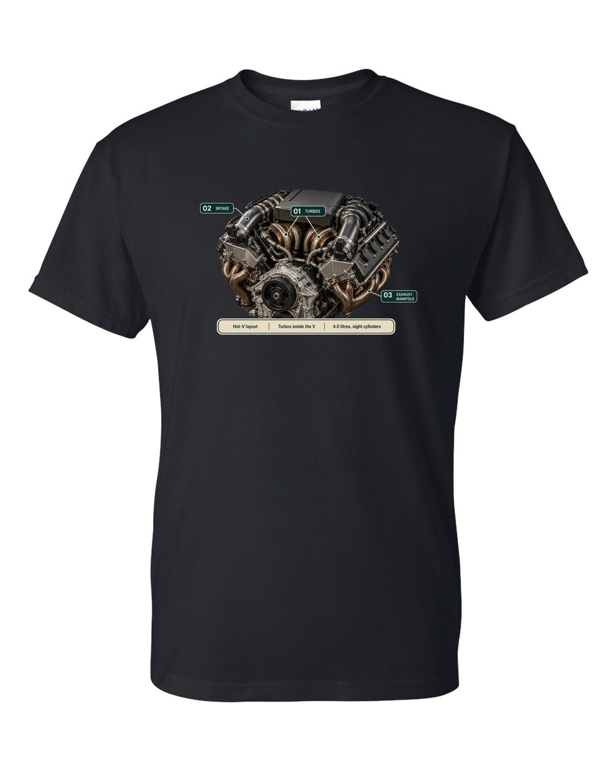 Engine hero print of the Mercedes-AMG M177 4.0 V8 from the G63 black t-shirt front view with the design