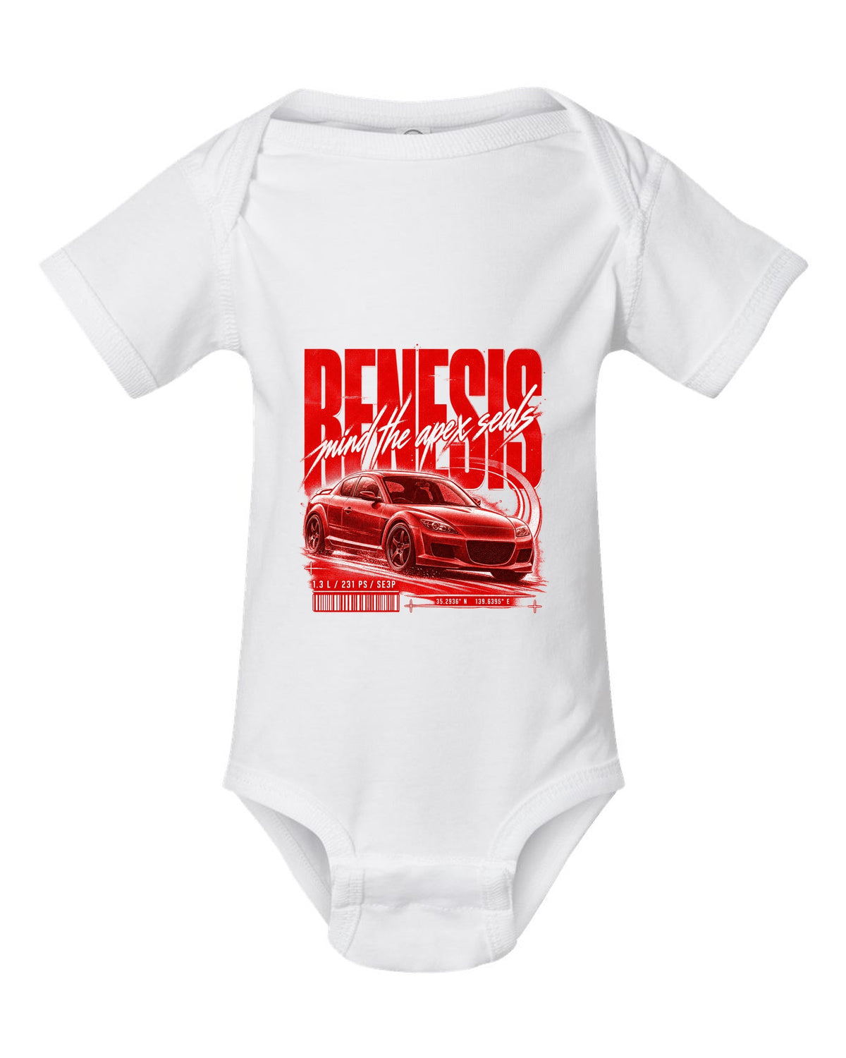 Street poster print of a Mazda RX-8 SE3P Series 1 with Renesis lettering white baby onesie front view with the design