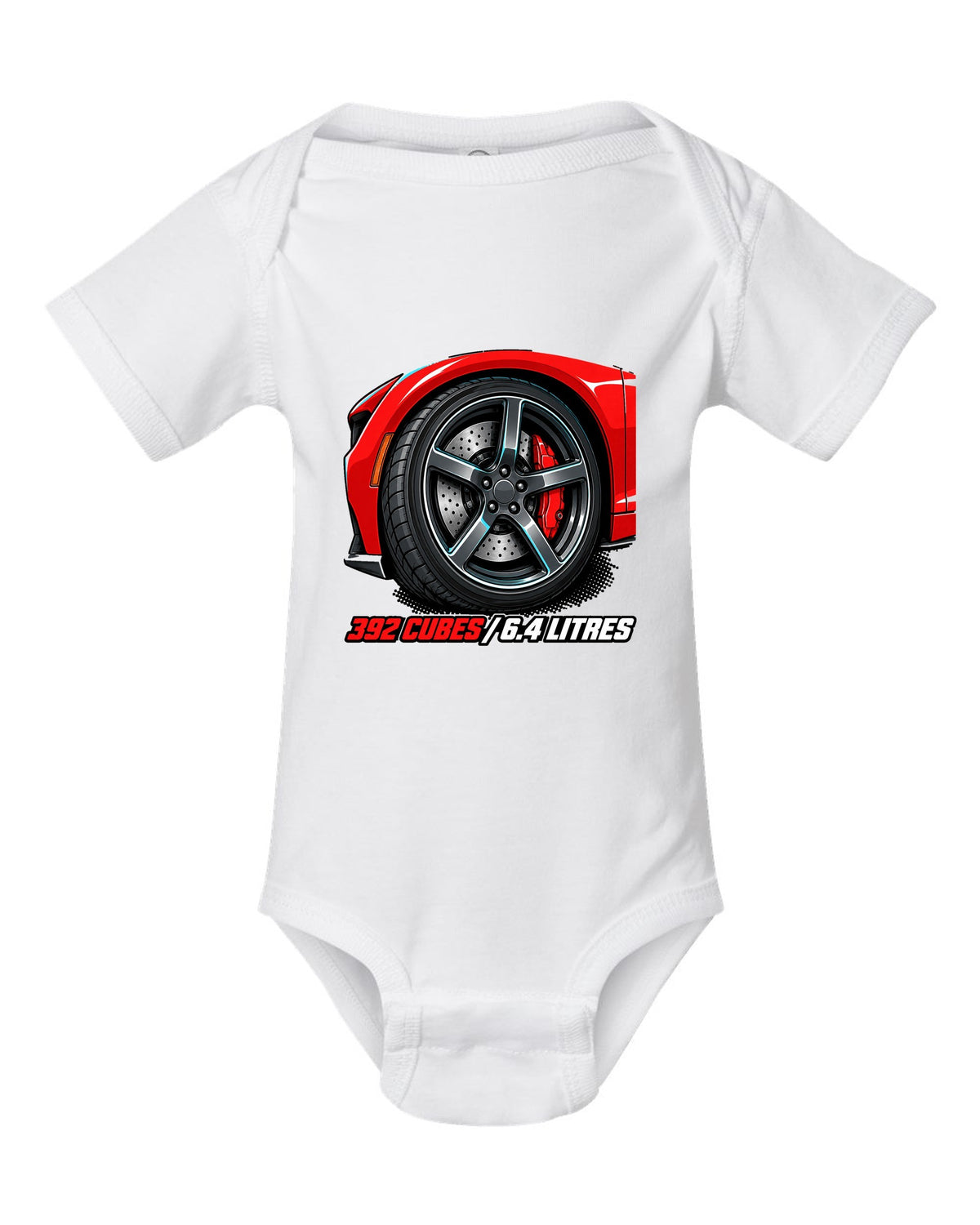 Bold monoline print with halftone shadow of a 2018 Dodge Challenger SRT 392 white baby onesie front view with the design