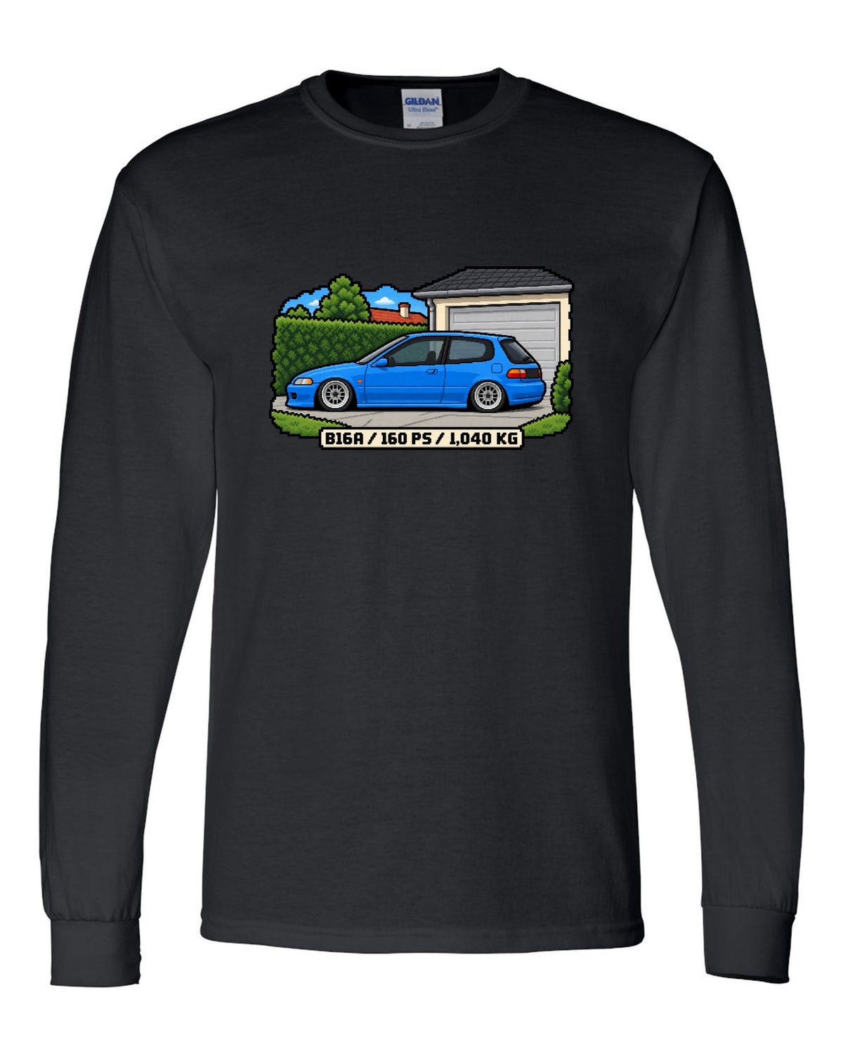 16-bit pixel art print of a 1992 Honda Civic EG6 ch with B16A and 160 PS text black long sleeve front view with the design