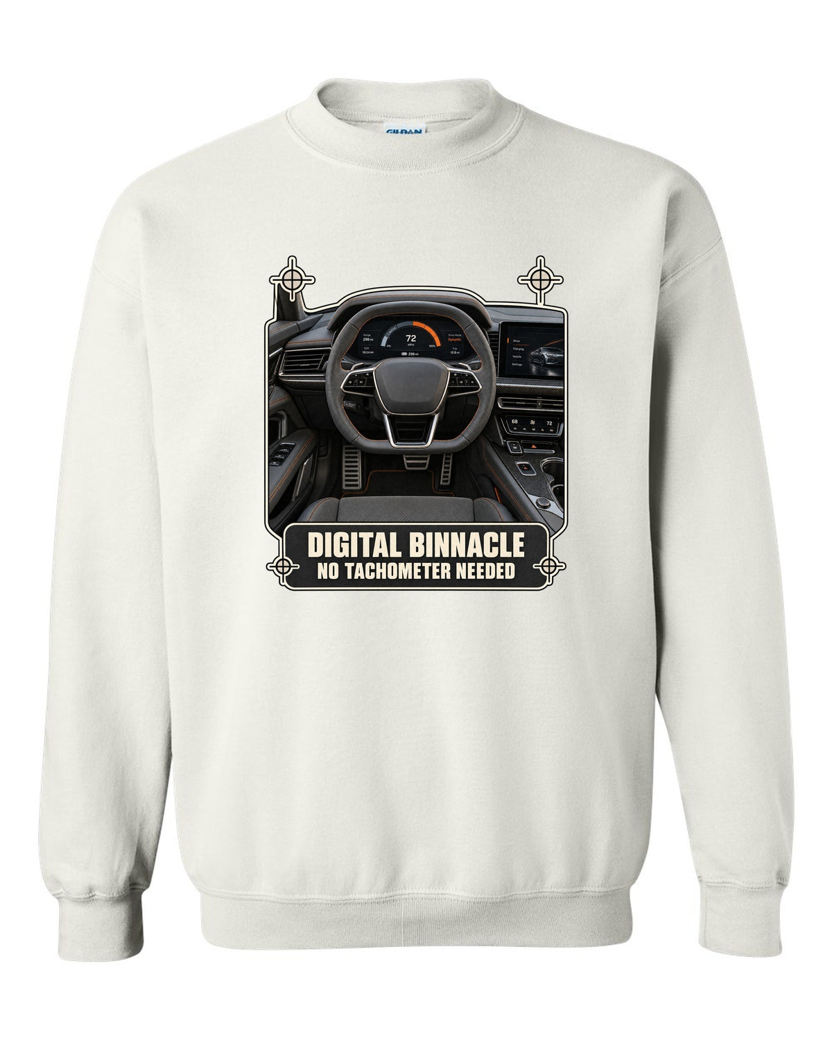 Audi RS e-tron GT interior driver view digital binnacle cockpit gauge design white crewneck front view with the design