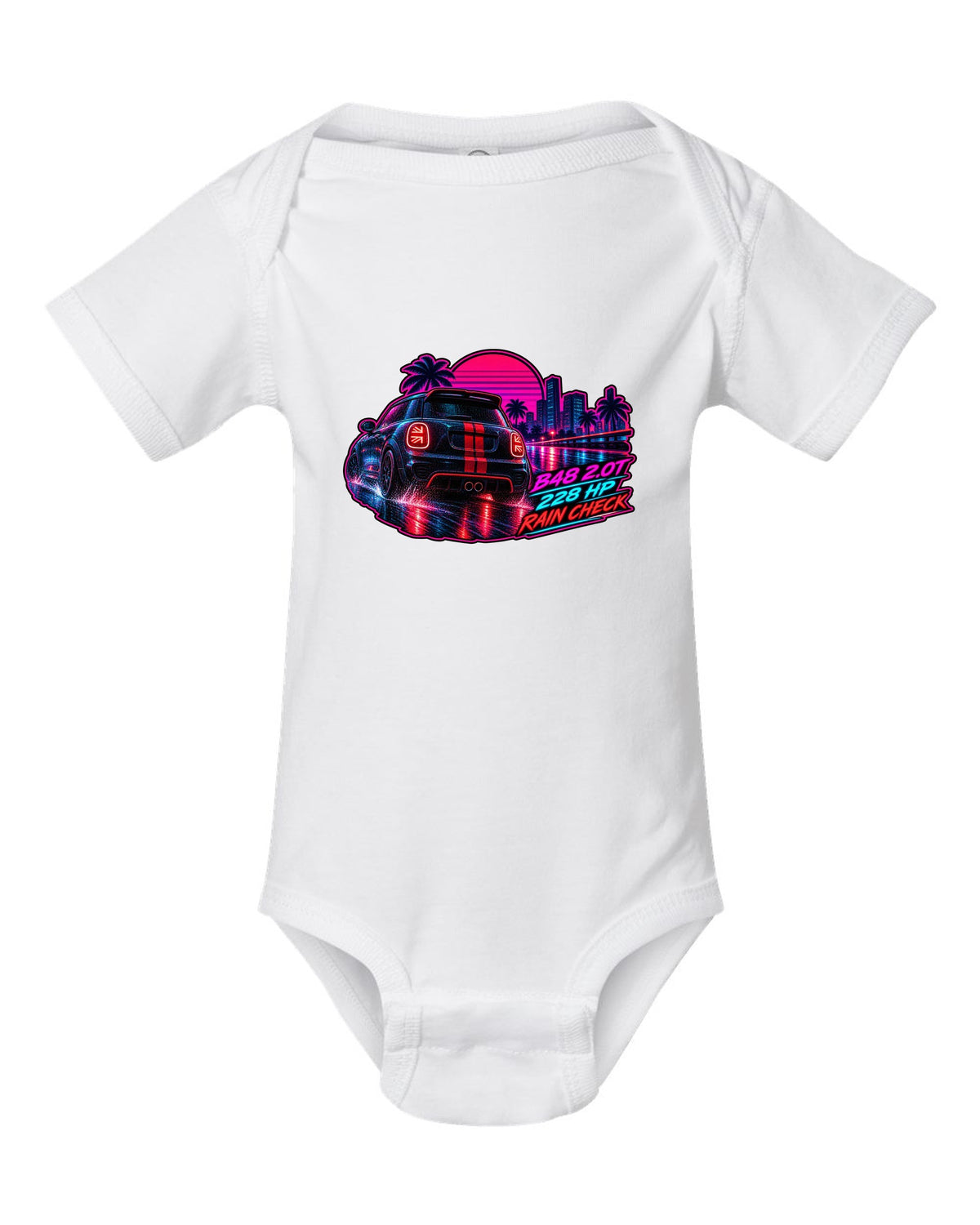 Synthwave print of a Mini JCW F56 rear with Union Jack tail lights and B48 228 HP text white baby onesie front view with the design