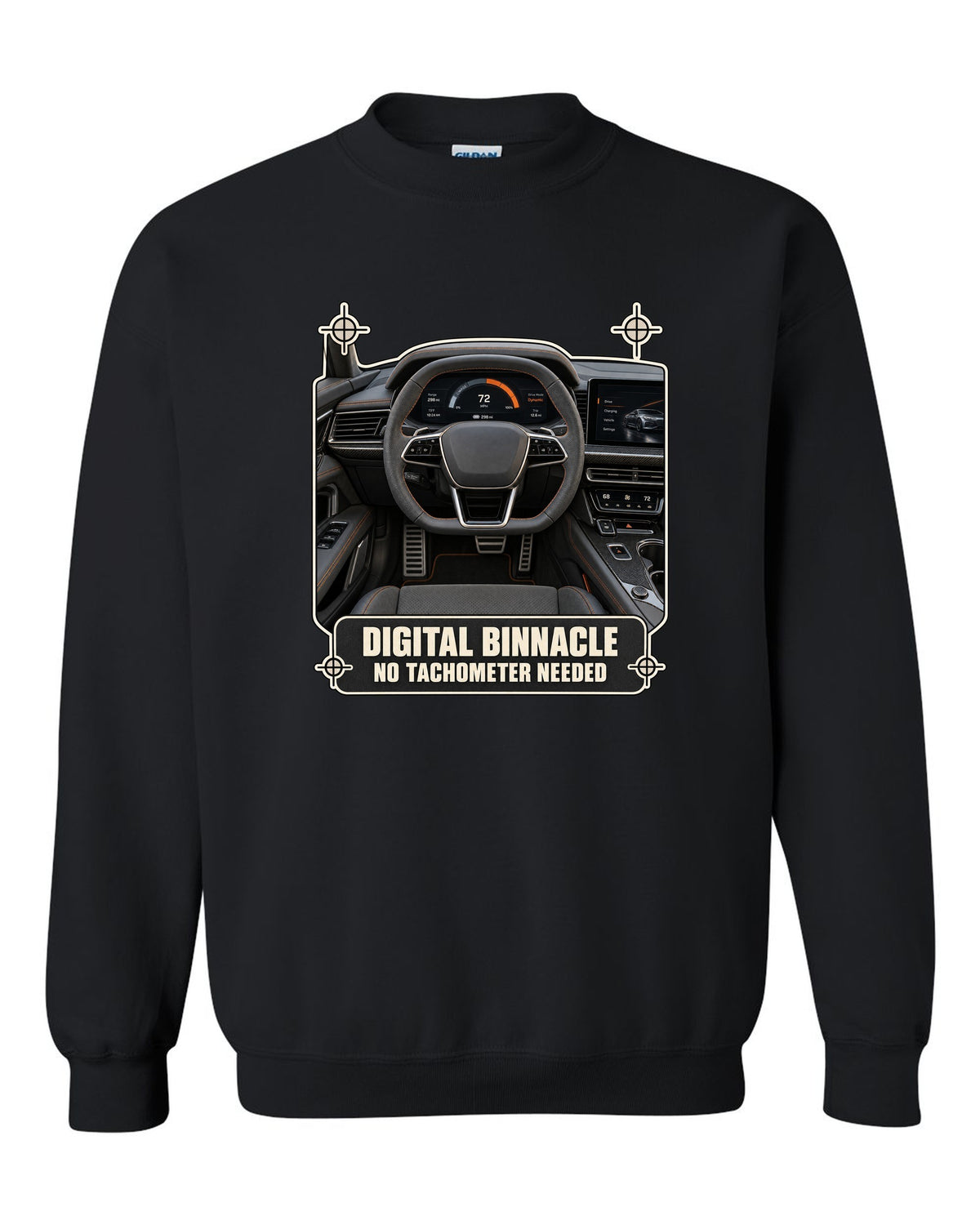 Audi RS e-tron GT interior driver view digital binnacle cockpit gauge design black crewneck front view with the design