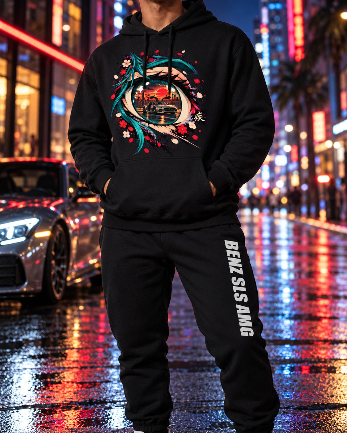 Mercedes Benz SLS AMG Anime Girl Hoodie + Jogger Set Black worn hero