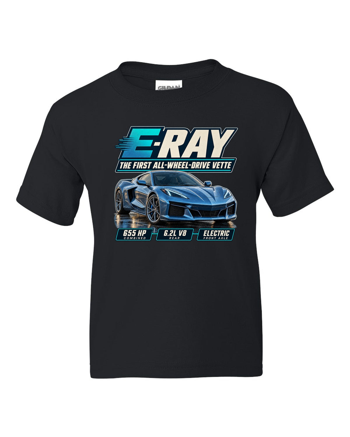 Editorial headline print of a Chevrolet Corvette C8 E-Ray, the first all-wheel-drive Vette black kids tee front view with the design
