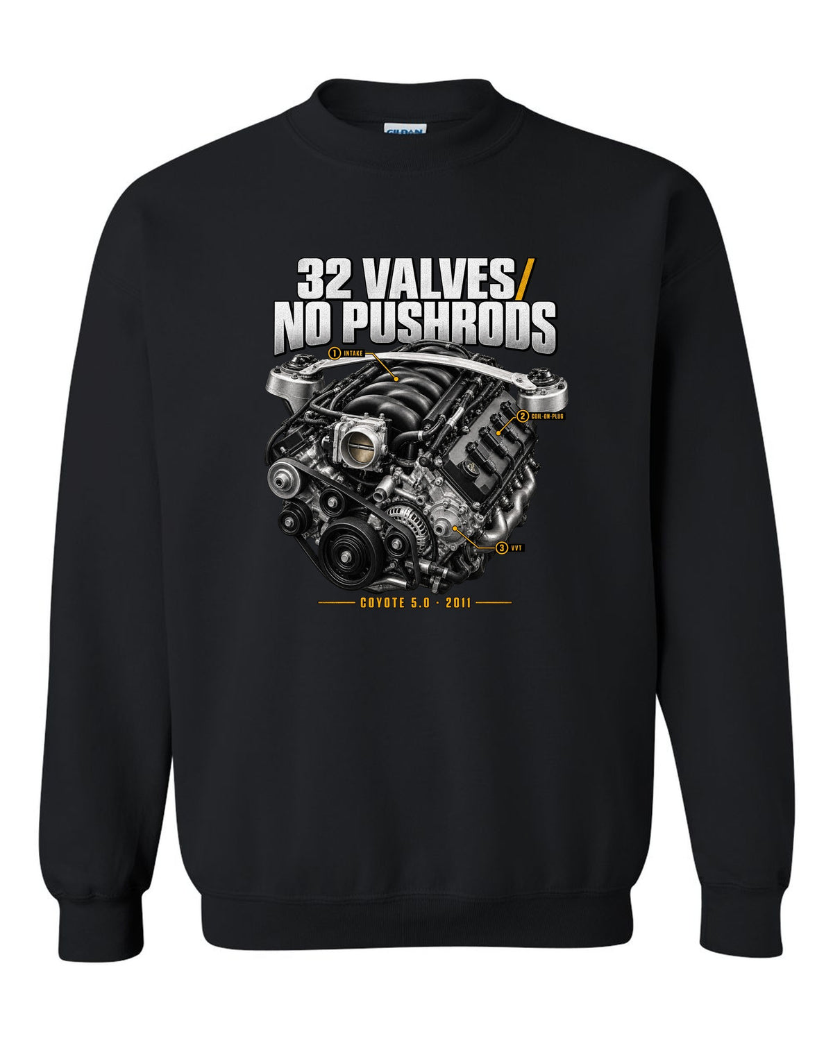 print of a Ford Mustang S197 GT 5.0 Coyote engine bay with callouts black crewneck front view with the design