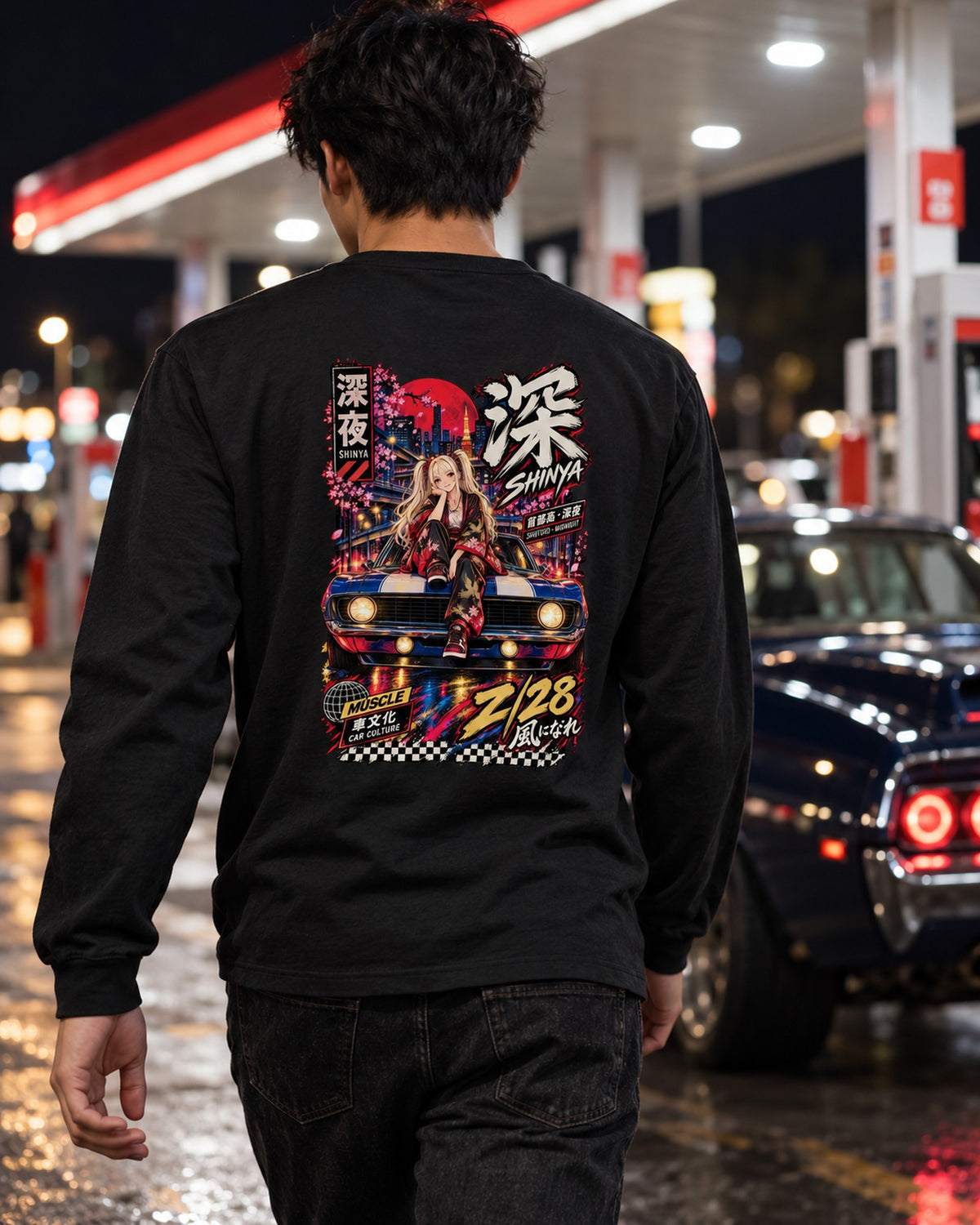 SHINYA Z/28 Anime Girl Full-Back Graphic Tee Long Sleeve Black worn hero