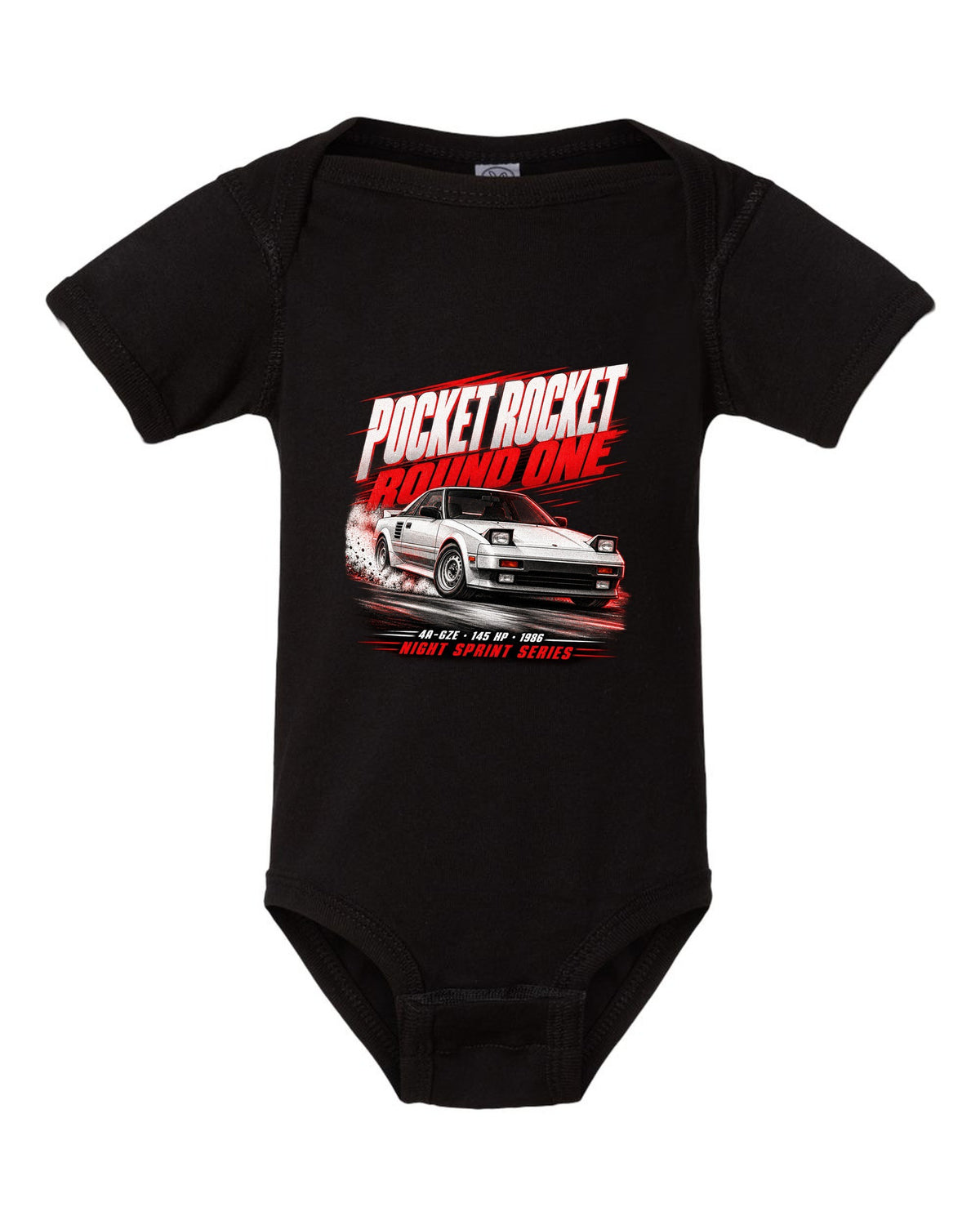 Race poster print of a supercharged Toyota MR2 AW11 with the text Pocket Rocket Round One 4A-GZE black baby onesie front view with the design