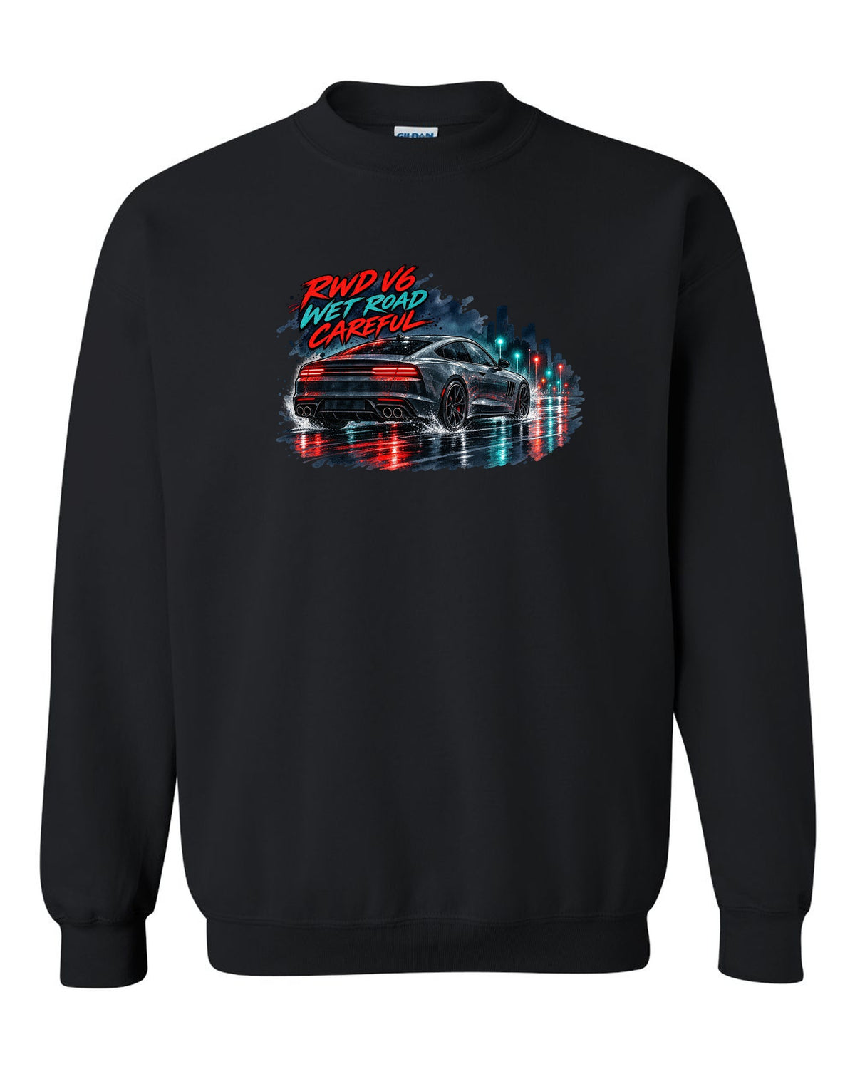Watercolour wet-road night print of a Kia Stinger GT CK with RWD V6 wet road careful text black crewneck front view with the design